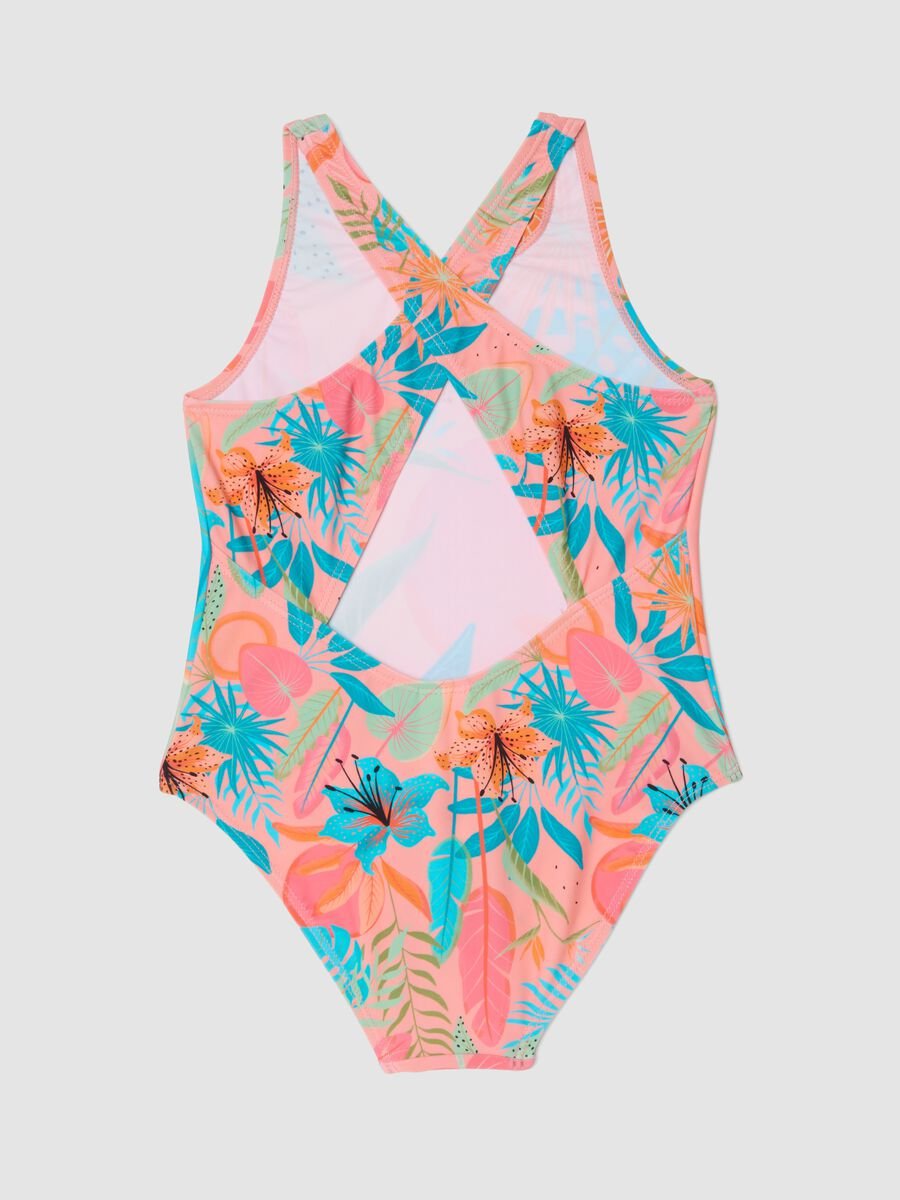 Pink tropical print girls&rsquo; swimsuit_1