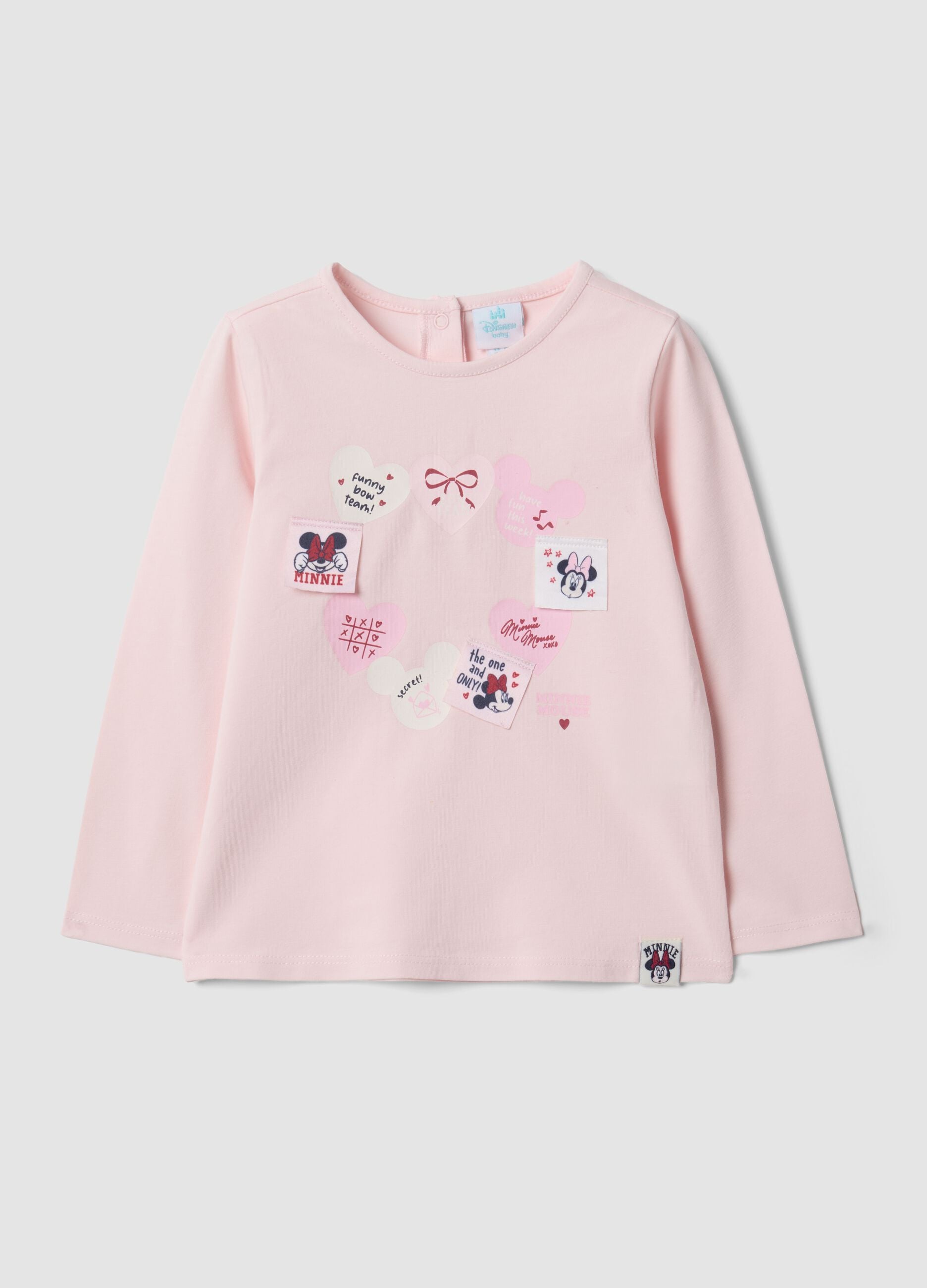 Maglietta rosa in cotone organico elasticizzato con stampe Minnie per bimba