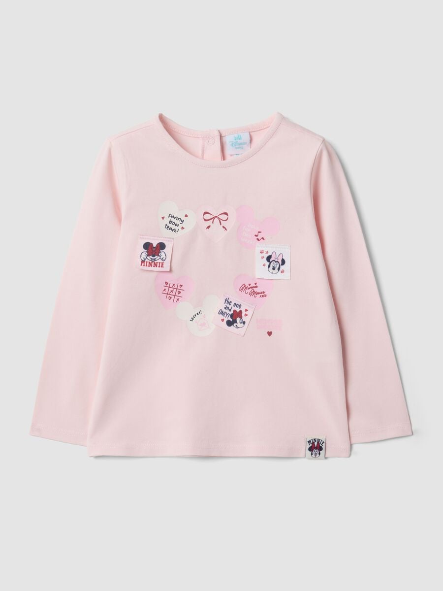 Maglietta rosa in cotone organico elasticizzato con stampe Minnie per bimba_0