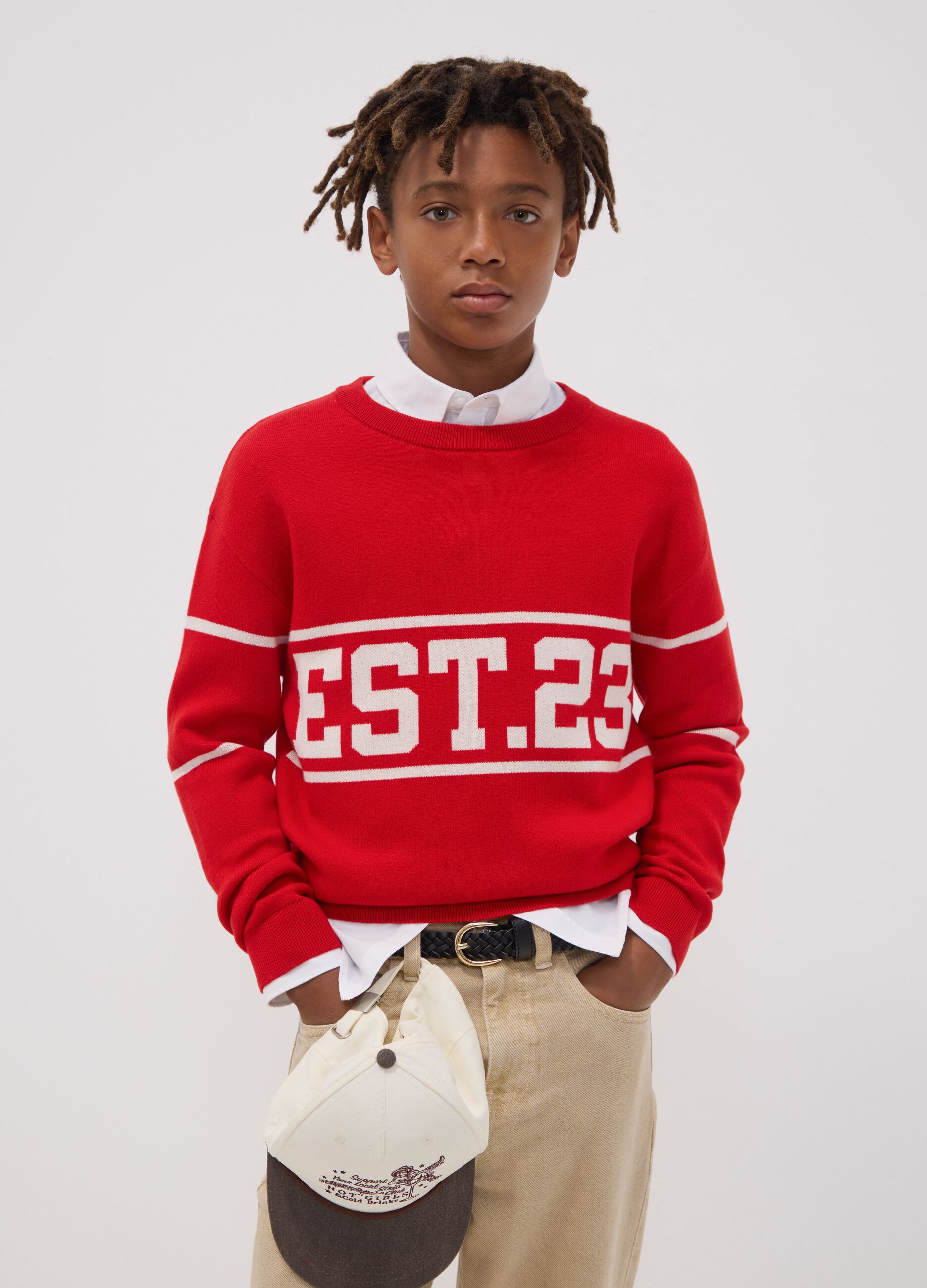 Maglione rosso in misto cotone jacquard girocollo