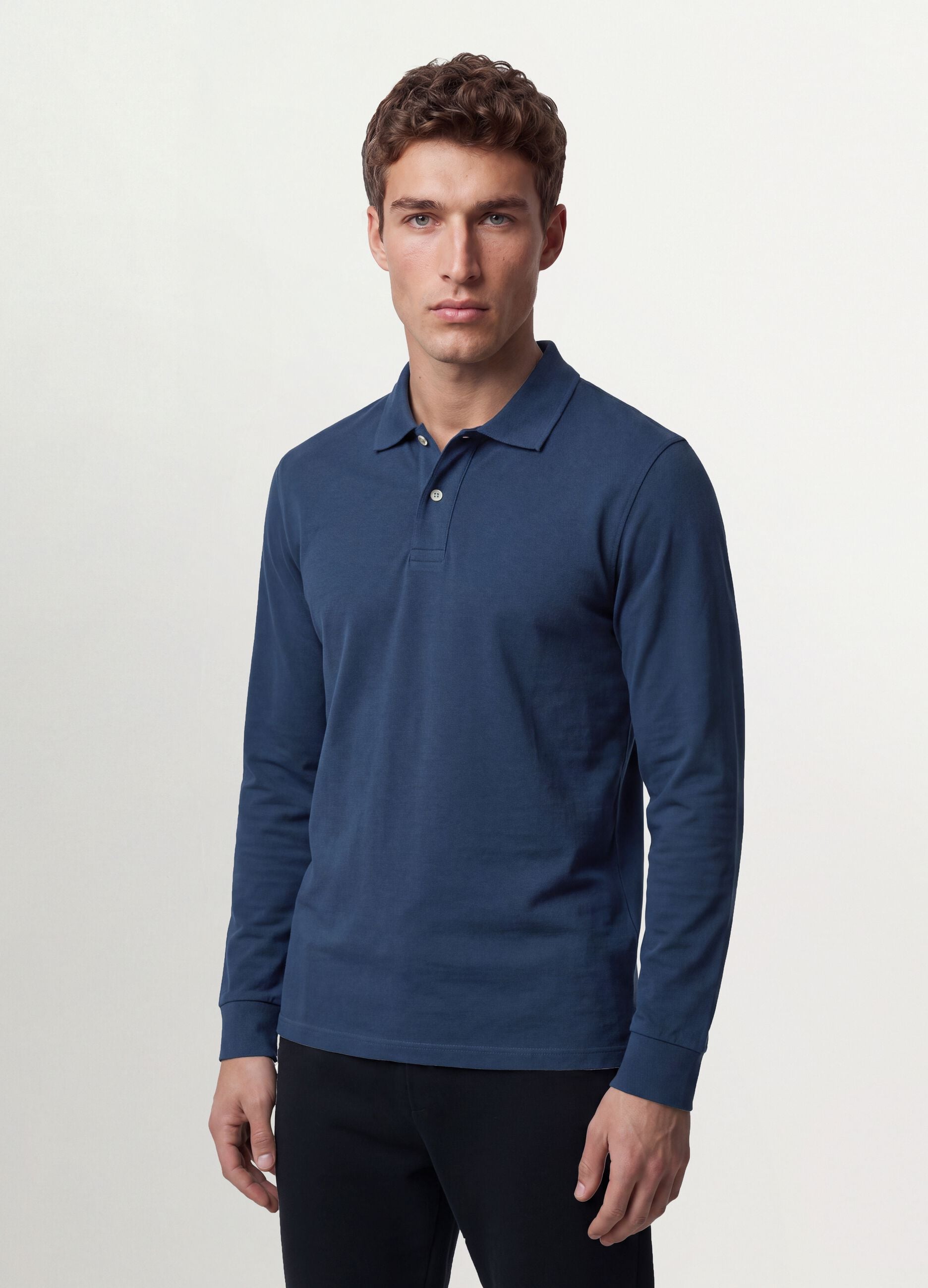 Blue long-sleeve regular-fit polo in organic cotton piqu&eacute;