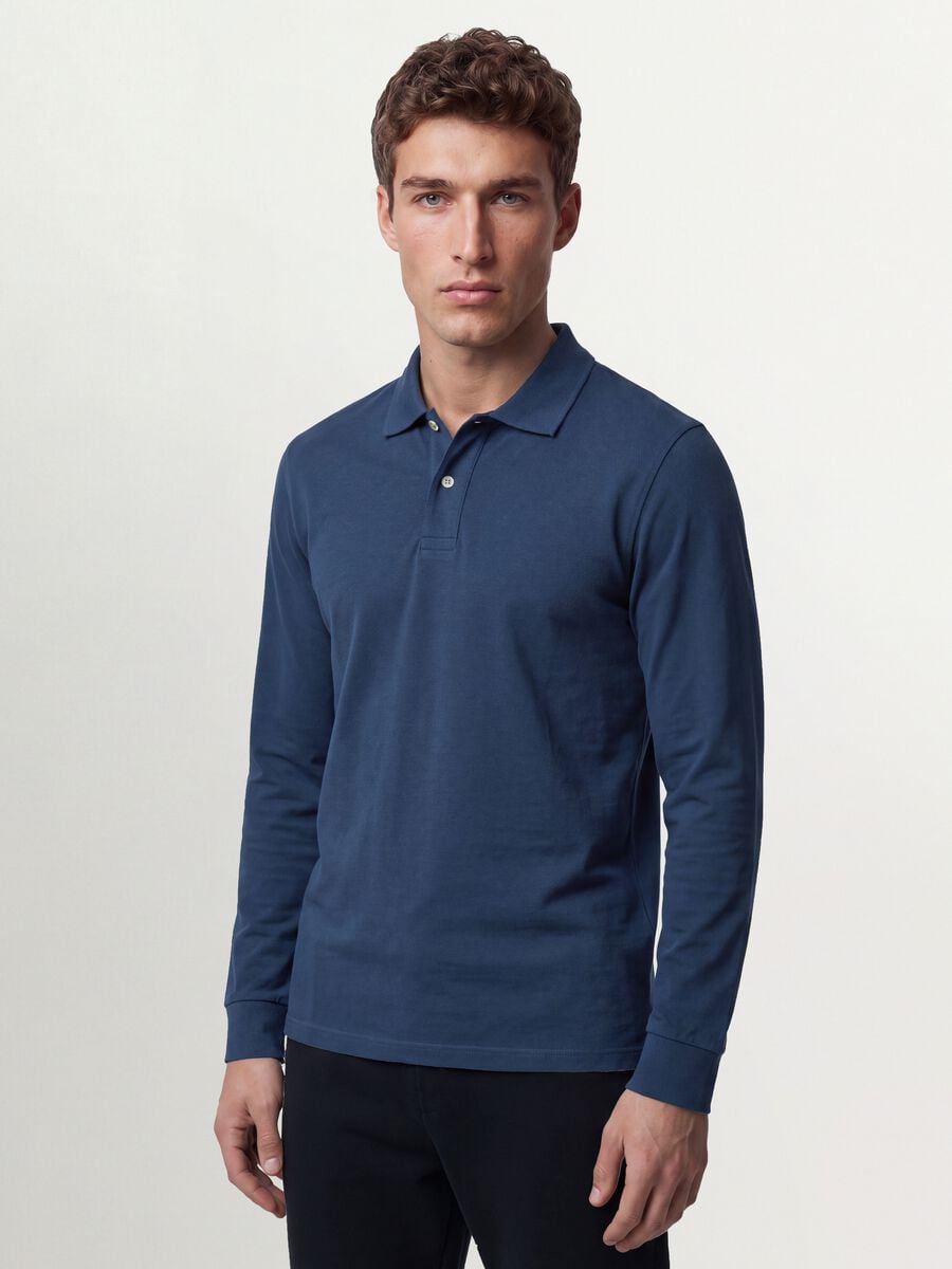 Blue long-sleeve organic cotton piqu&eacute; polo shirt, regular fit_0