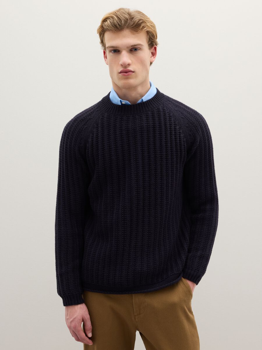 Blue crewneck jumper regular fit with knit design_1