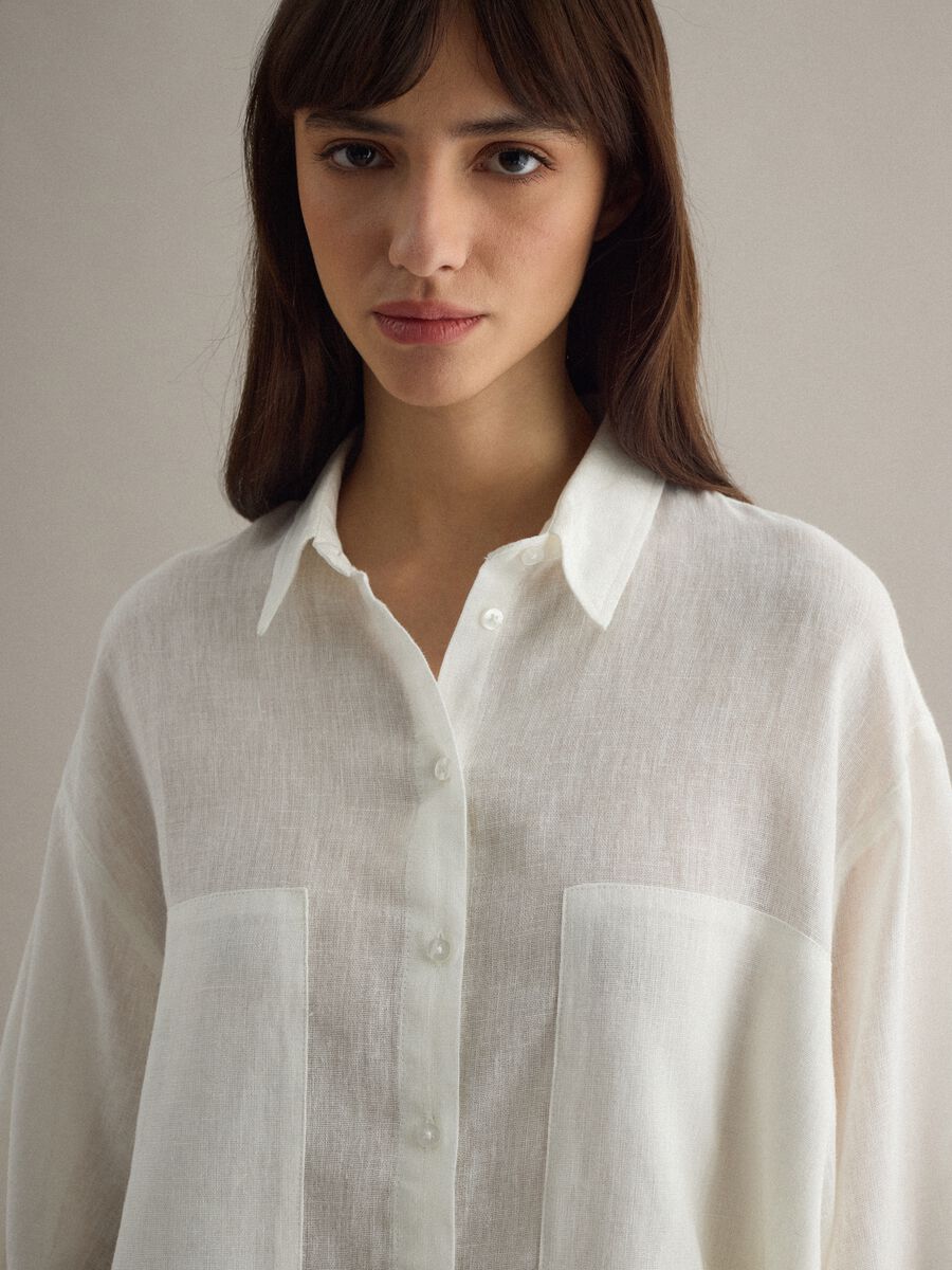 White oversized fit linen blend shirt_1