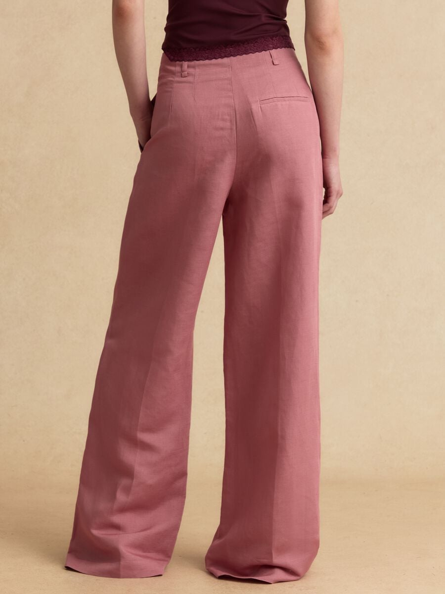 Pink linen-viscose blend wide-leg trousers with structured waistband_2