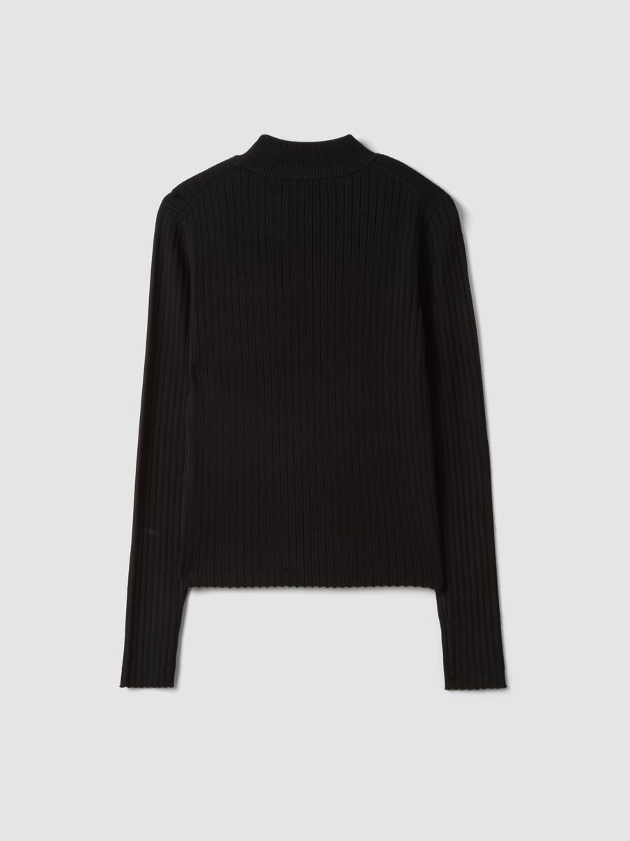 Black ribbed viscose-blend fitted top with high neck_6