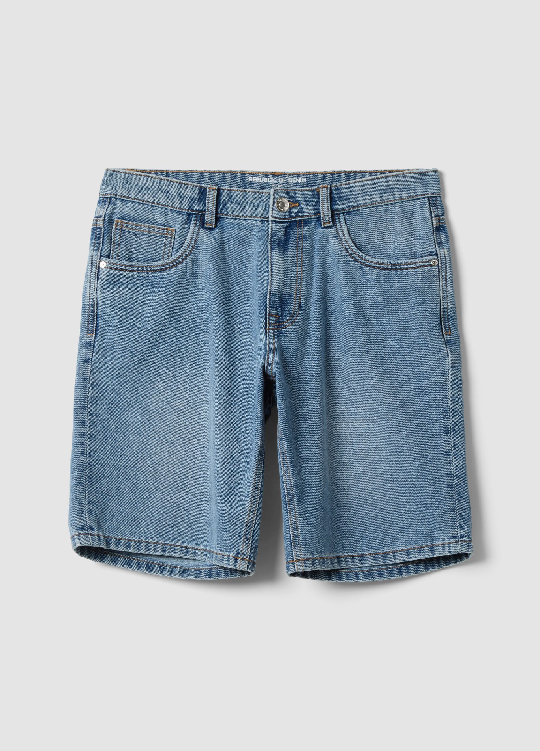 Blue Slim Fit Cotton Blend Denim Shorts
