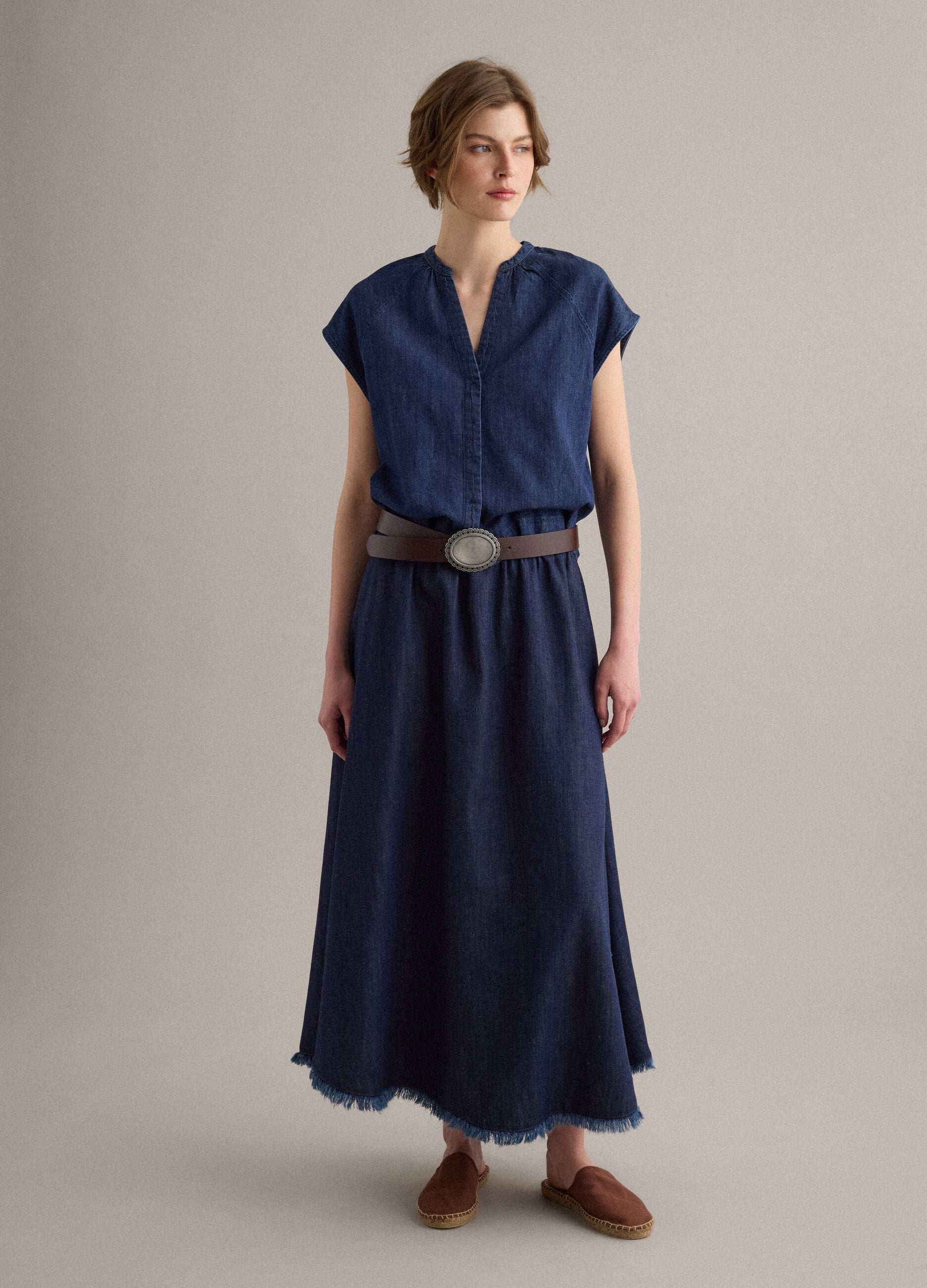 Blaue Denim-Hemdbluse aus Baumwoll-, Leinen- und Viskosemix, Oversize-Fit