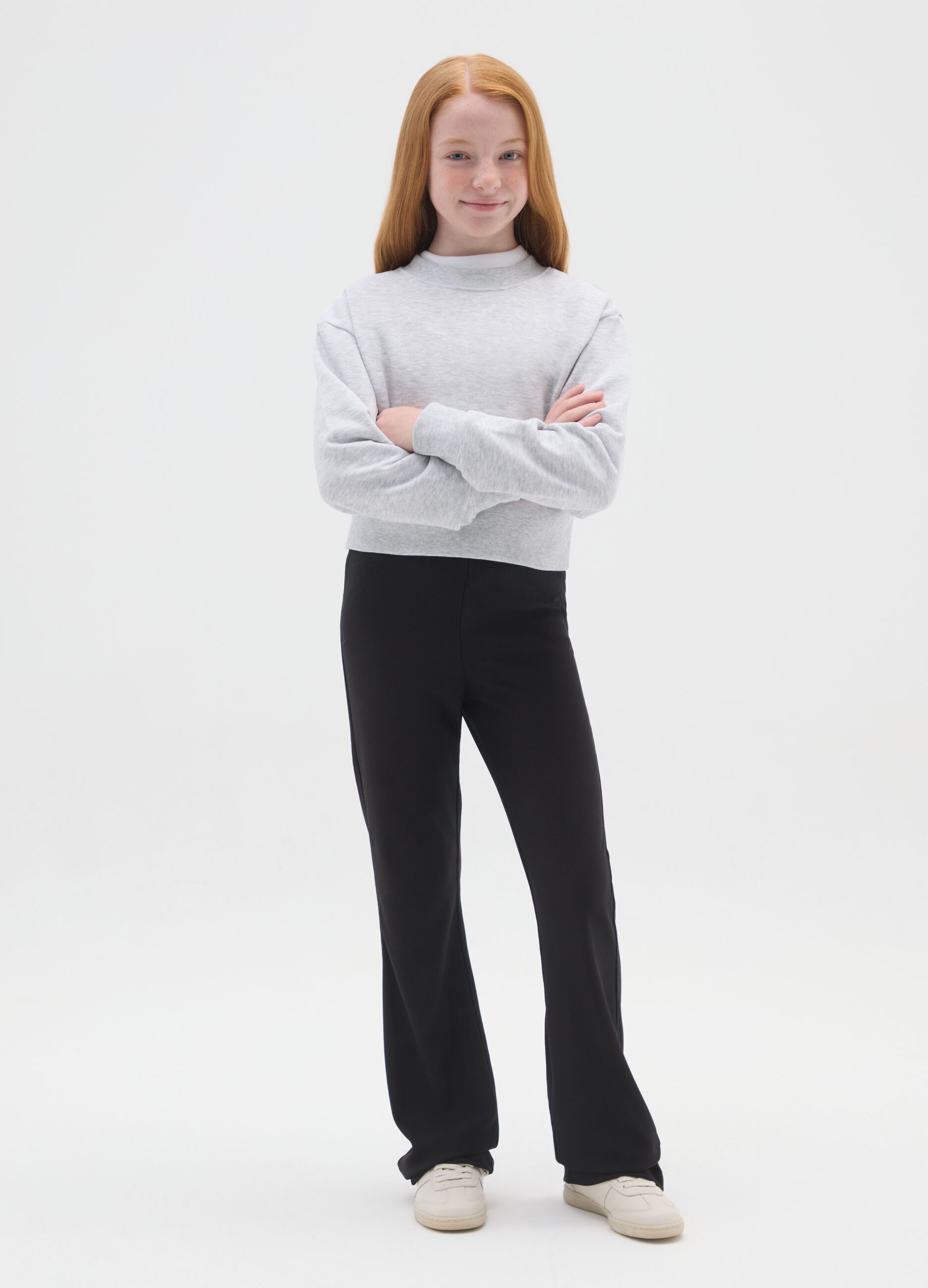 Leggings flare pretos para rapariga em mistura el&aacute;stica