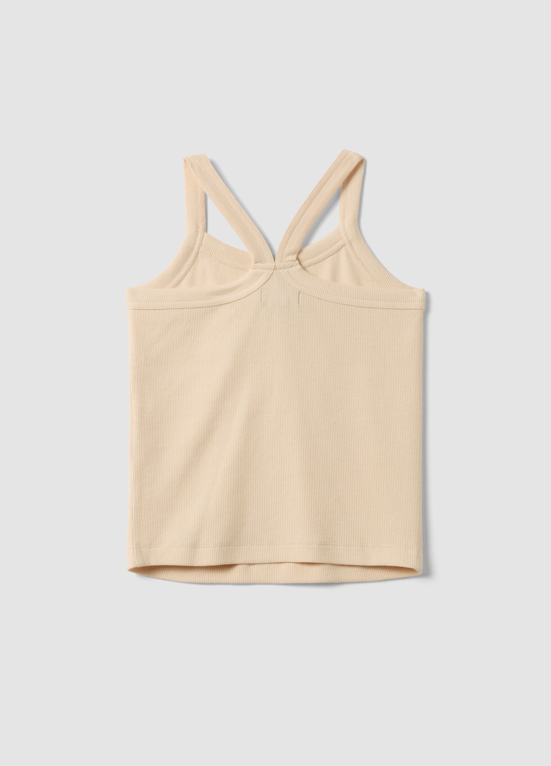 Girls&rsquo; beige ribbed stretch cotton fitted tank top
