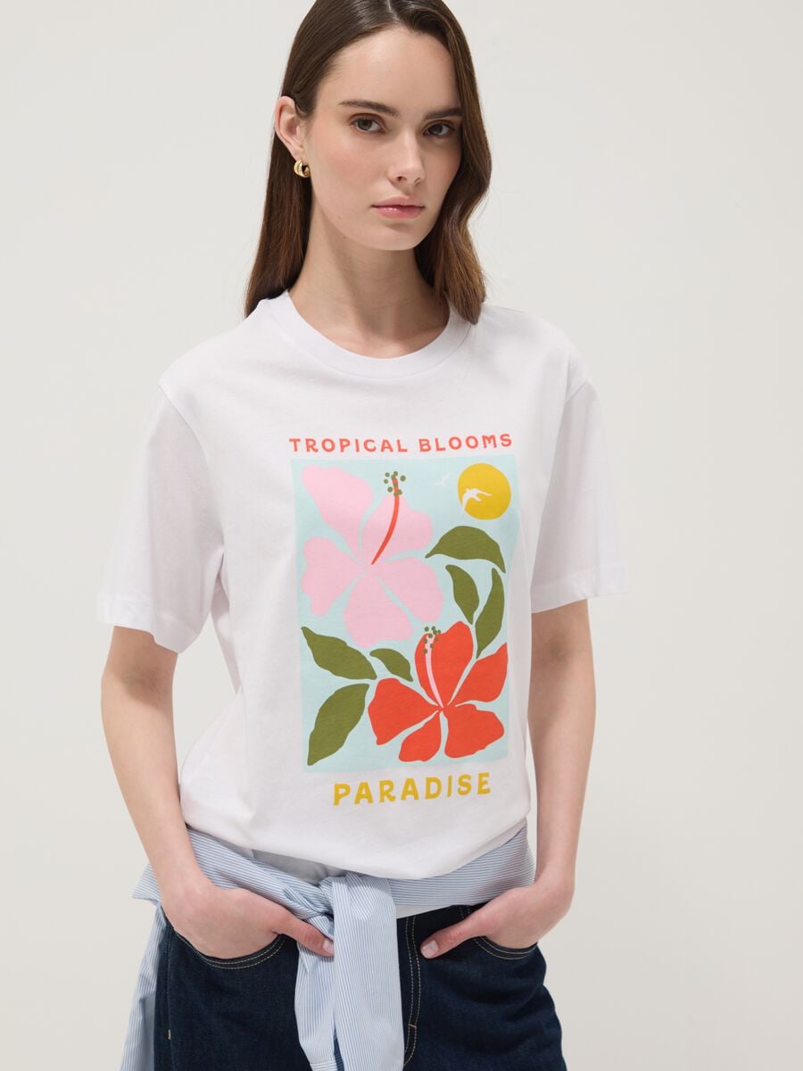 White pure cotton T-shirt with floral print, regular fit_1