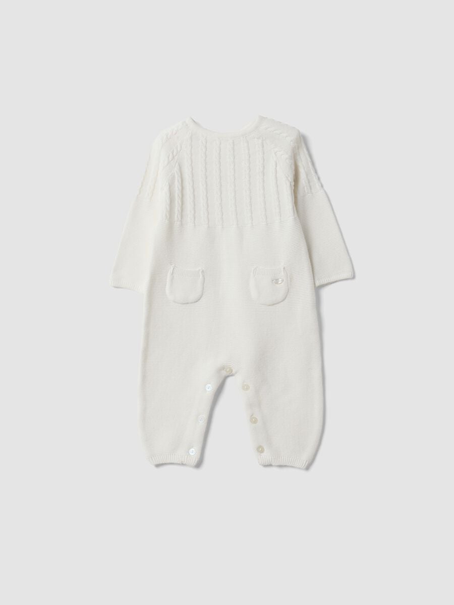 White organic cotton baby sleepsuit with cable knit detail_0