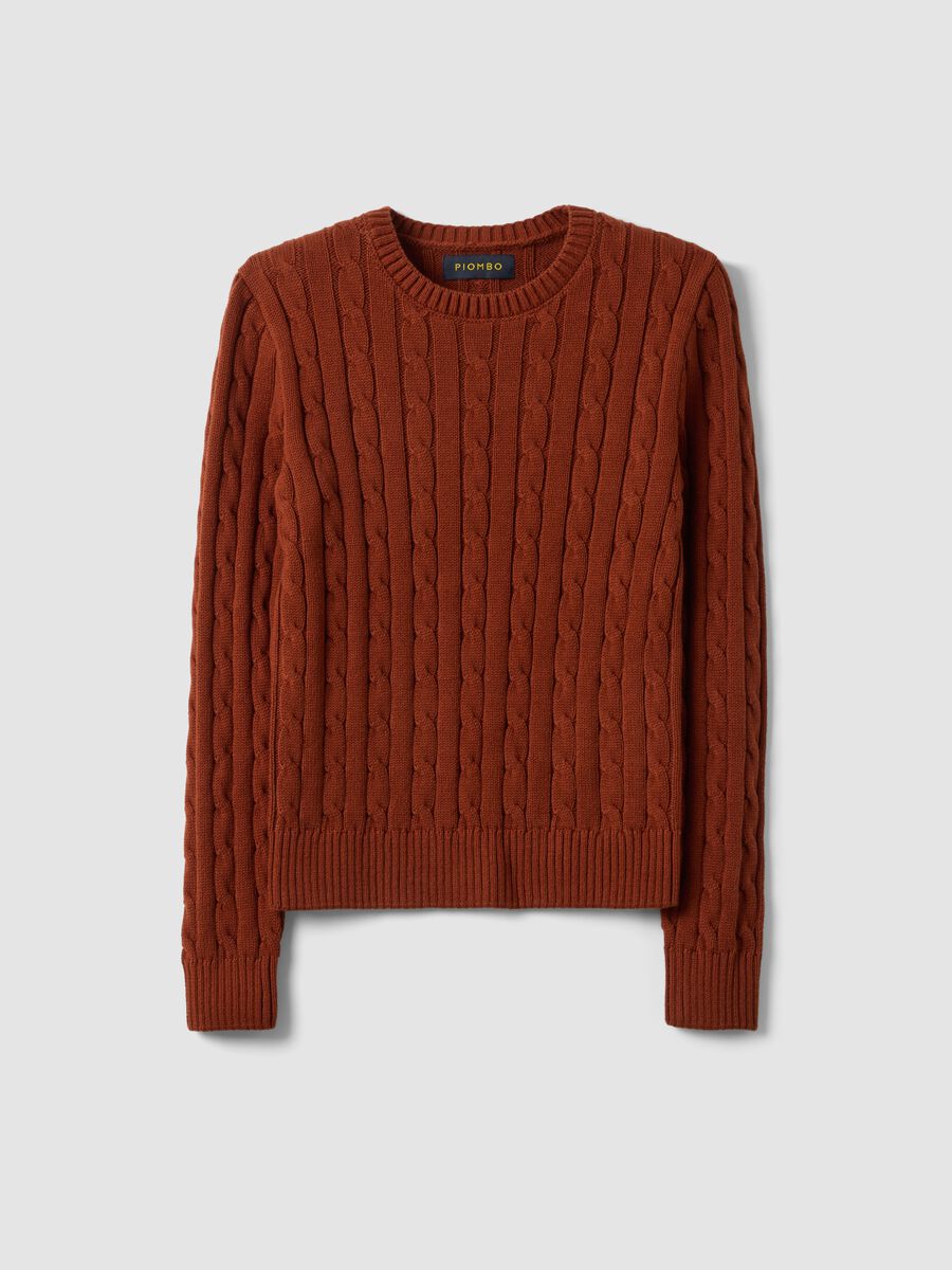 Roter Zopfmuster-Pullover aus reiner Baumwolle mit Rundhalsausschnitt_0