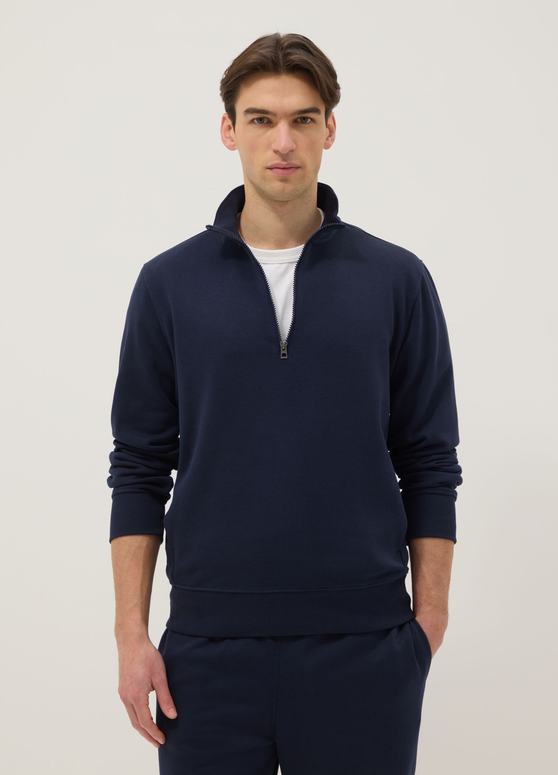 Blue regular fit cotton blend sweatshirt with half zip