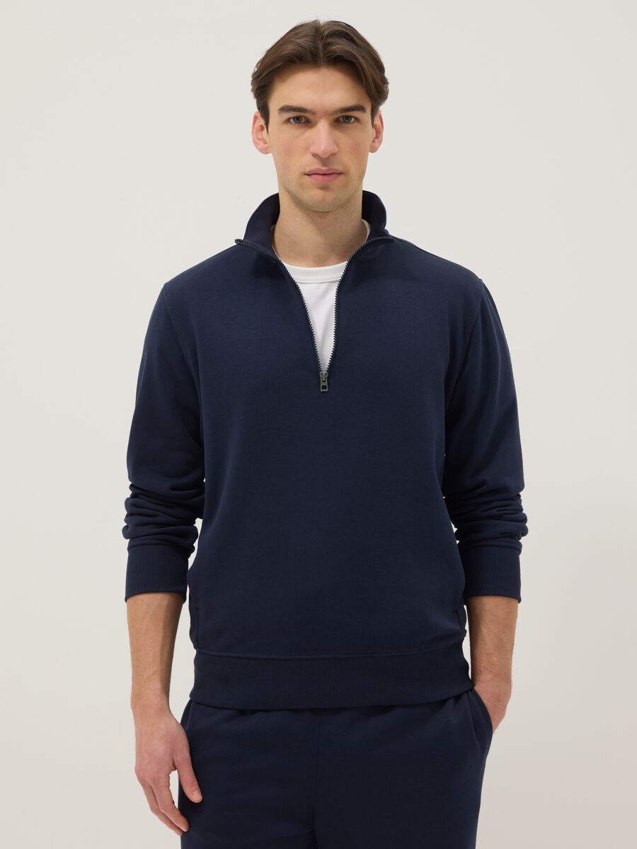 Blue regular fit cotton blend sweatshirt with half zip_0