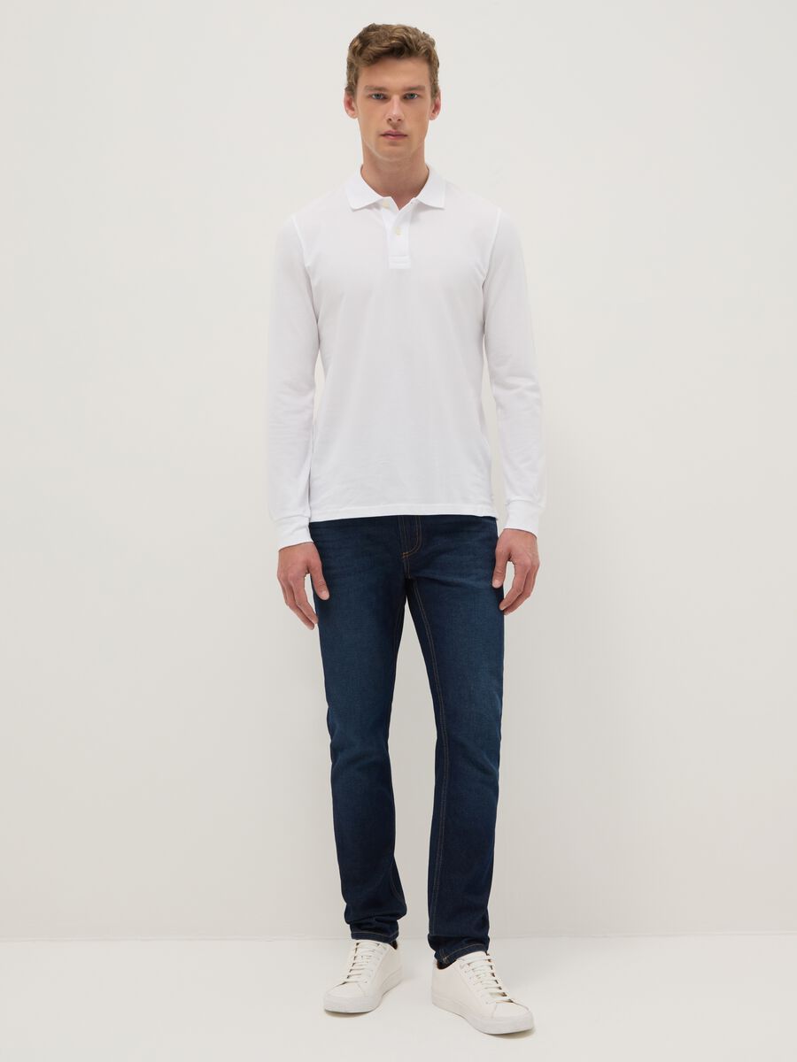 White long-sleeve cotton polo shirt, regular fit_1
