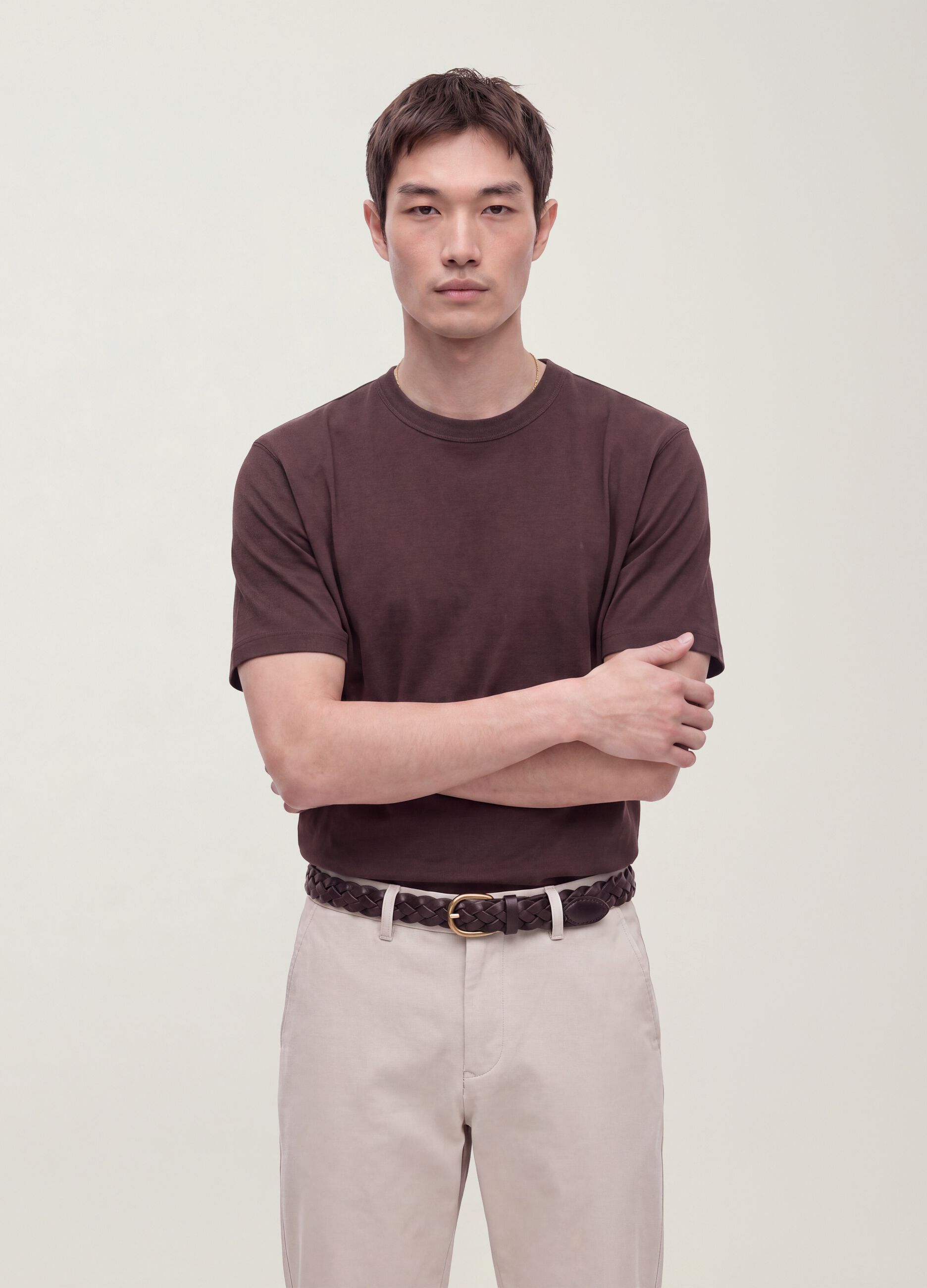 Brown pure cotton crew-neck T-shirt, relaxed fit