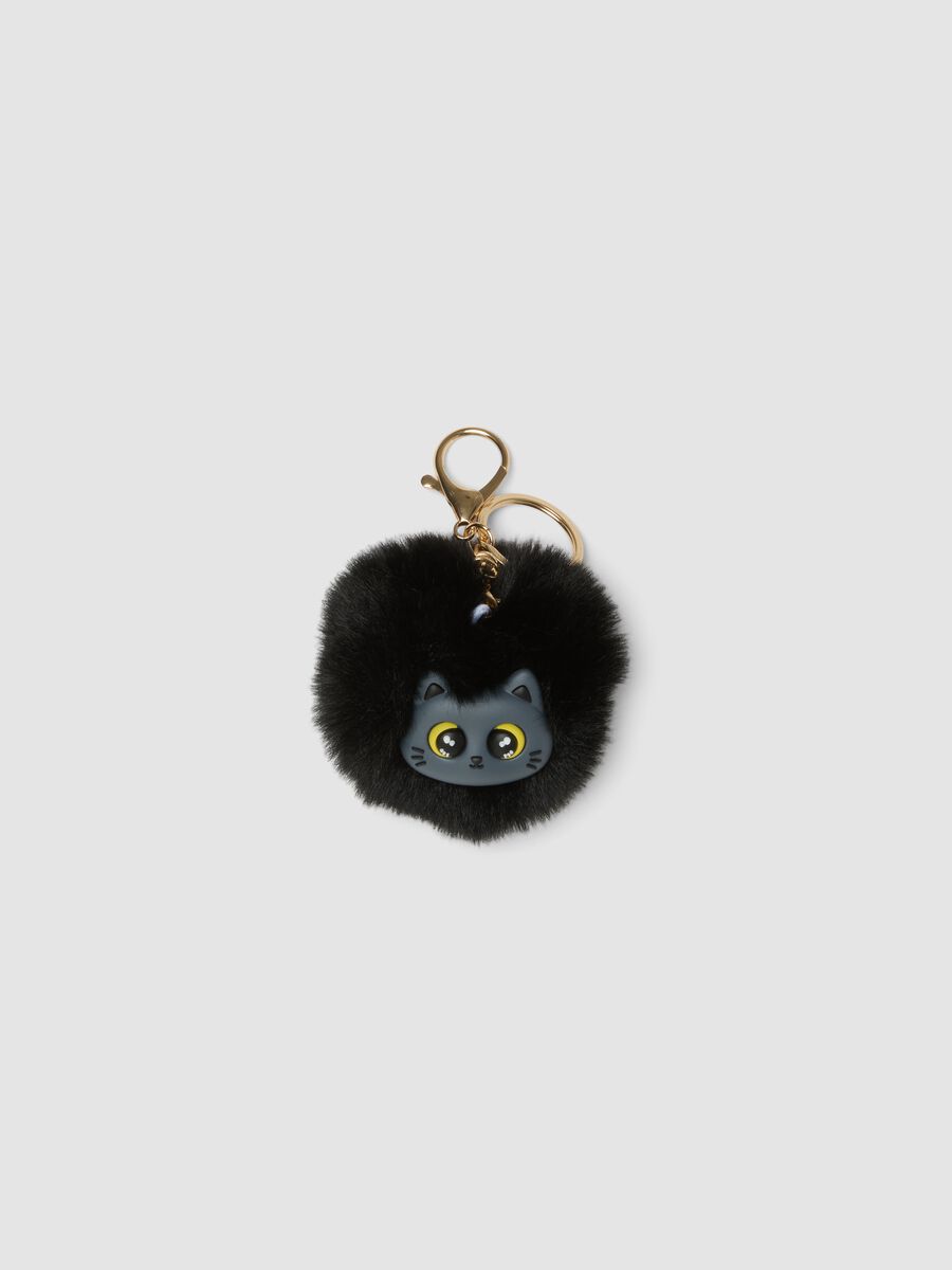 Portachiavi nero con pompon e gattino per bambina_0