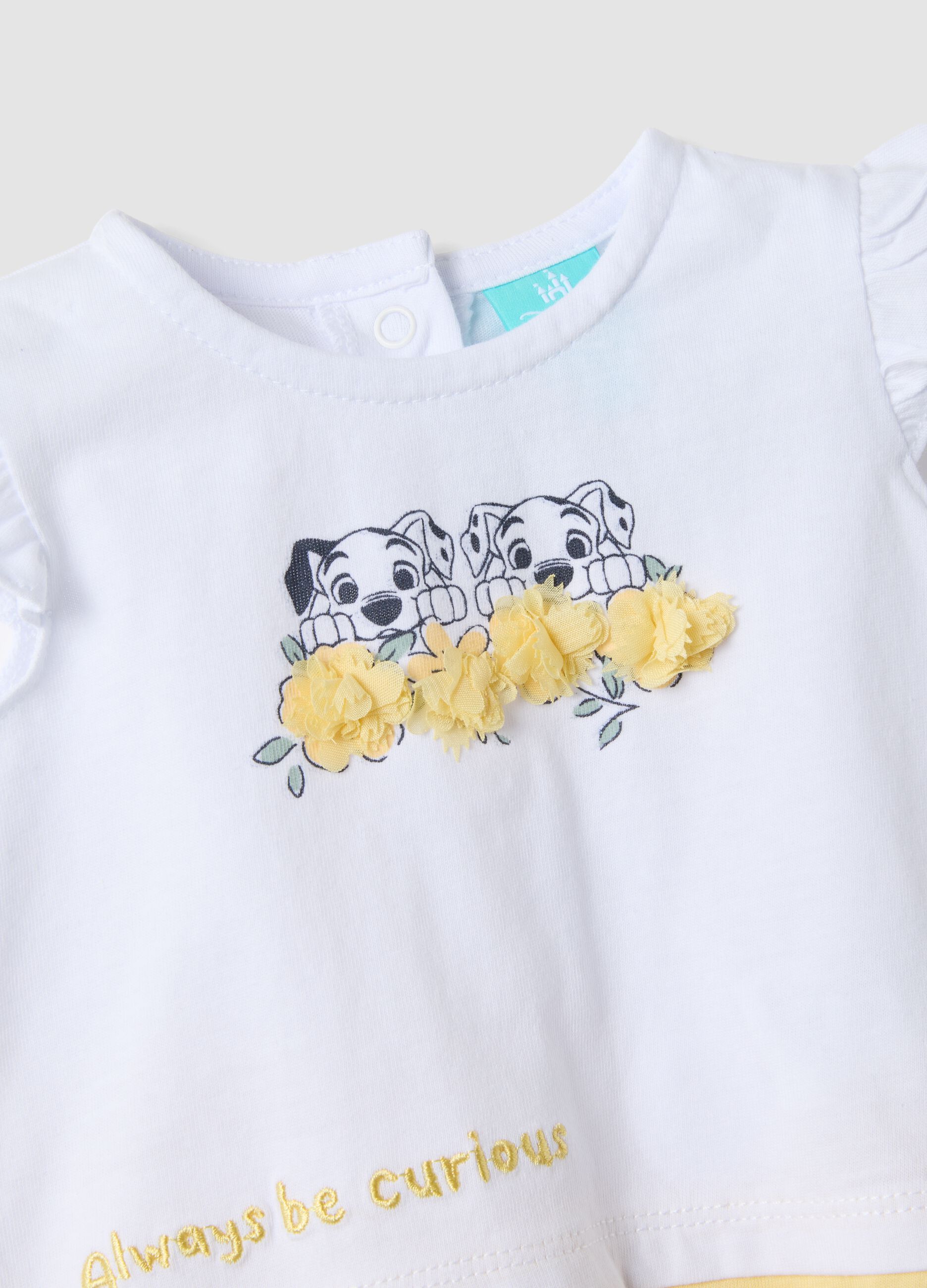 Yellow and white organic cotton baby bodysuit with frills
