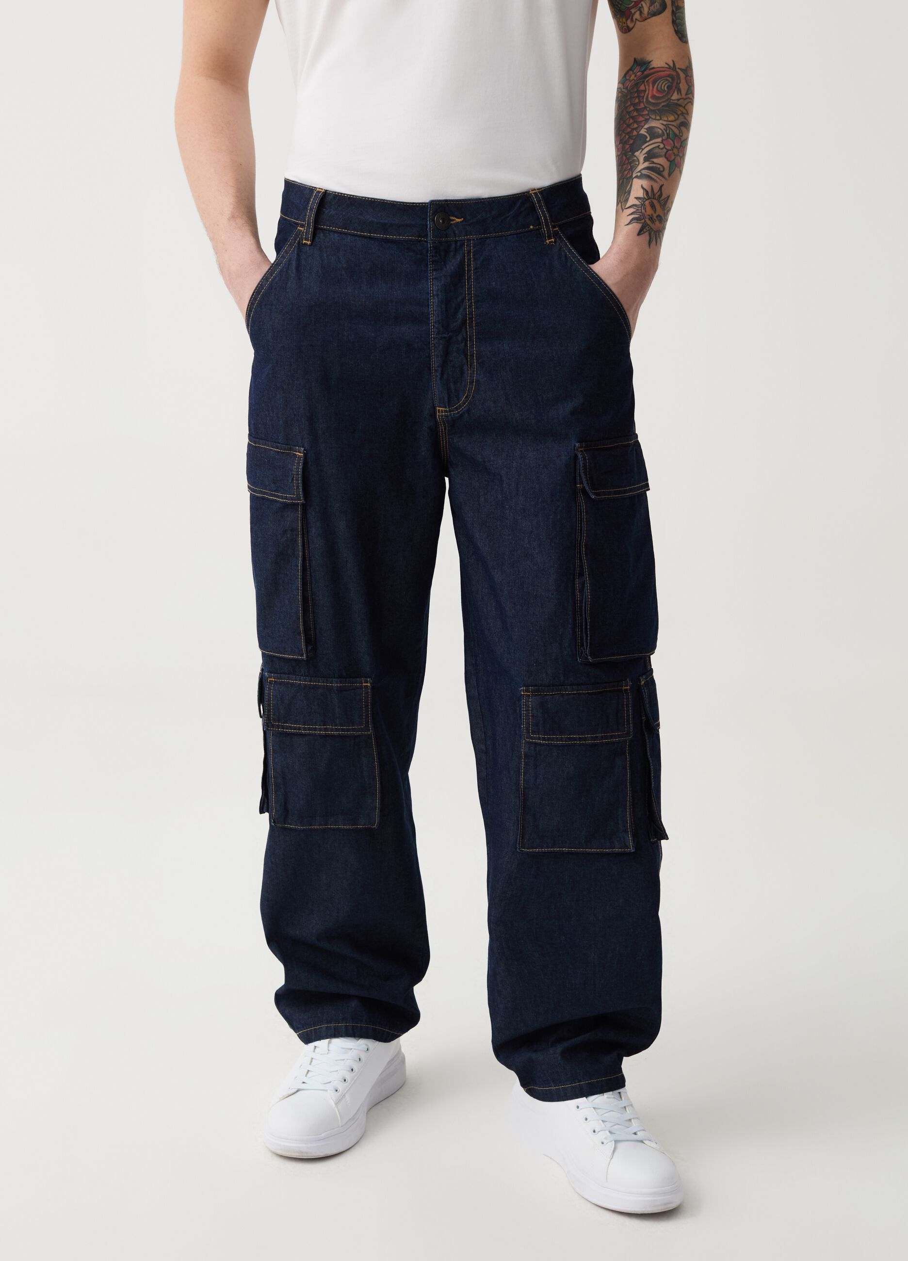 Jeans cargo wide leg rinsed multi tasche