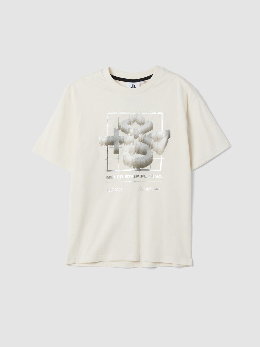 White pure cotton crew-neck T-shirt with PlayStation print_0