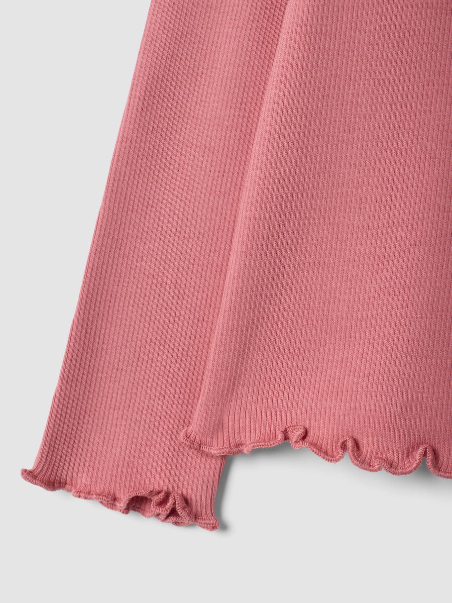 Pink stretch organic cotton T-shirt with raised neck_3