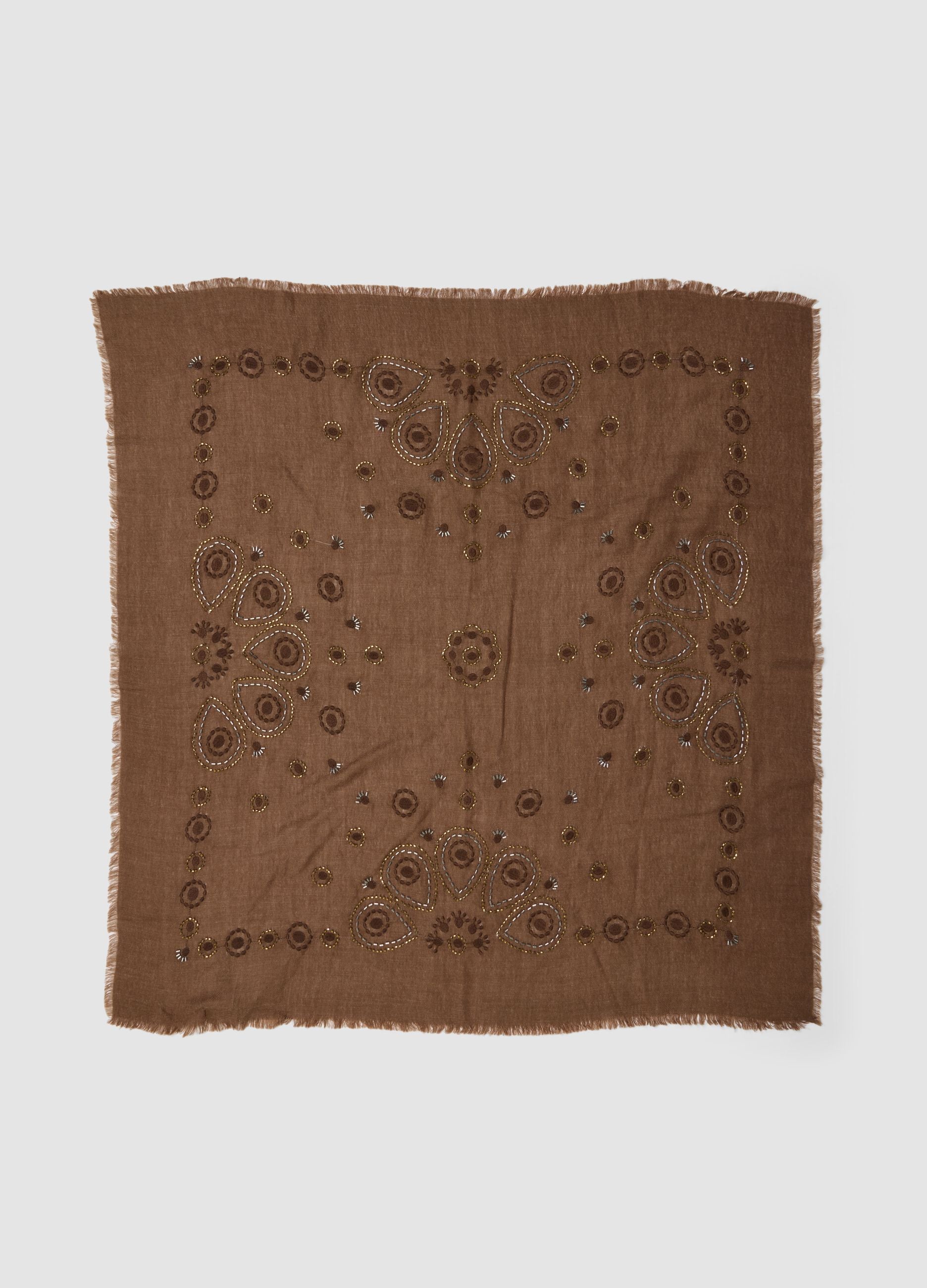 Brown wool-blend scarf with embroidery