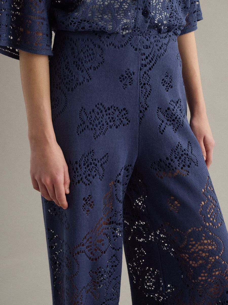 Wide leg blue cotton blend trousers with perforated texture_3