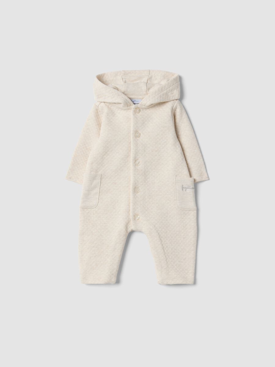 Beige hooded babygrow in organic cotton blend_0