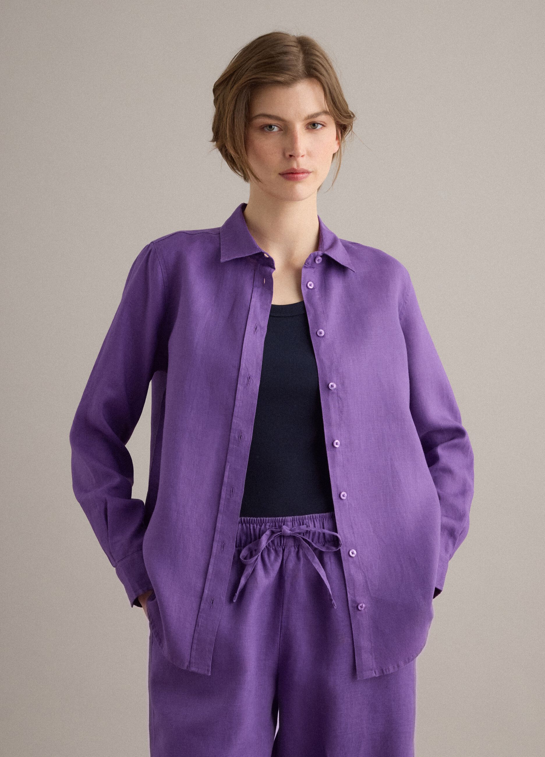 Purple pure linen regular fit shirt