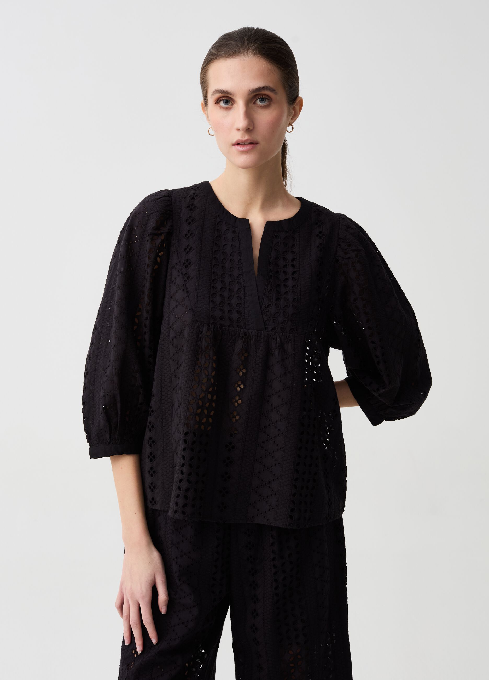 Blouse in broderie anglaise lace with three-quarter sleeves