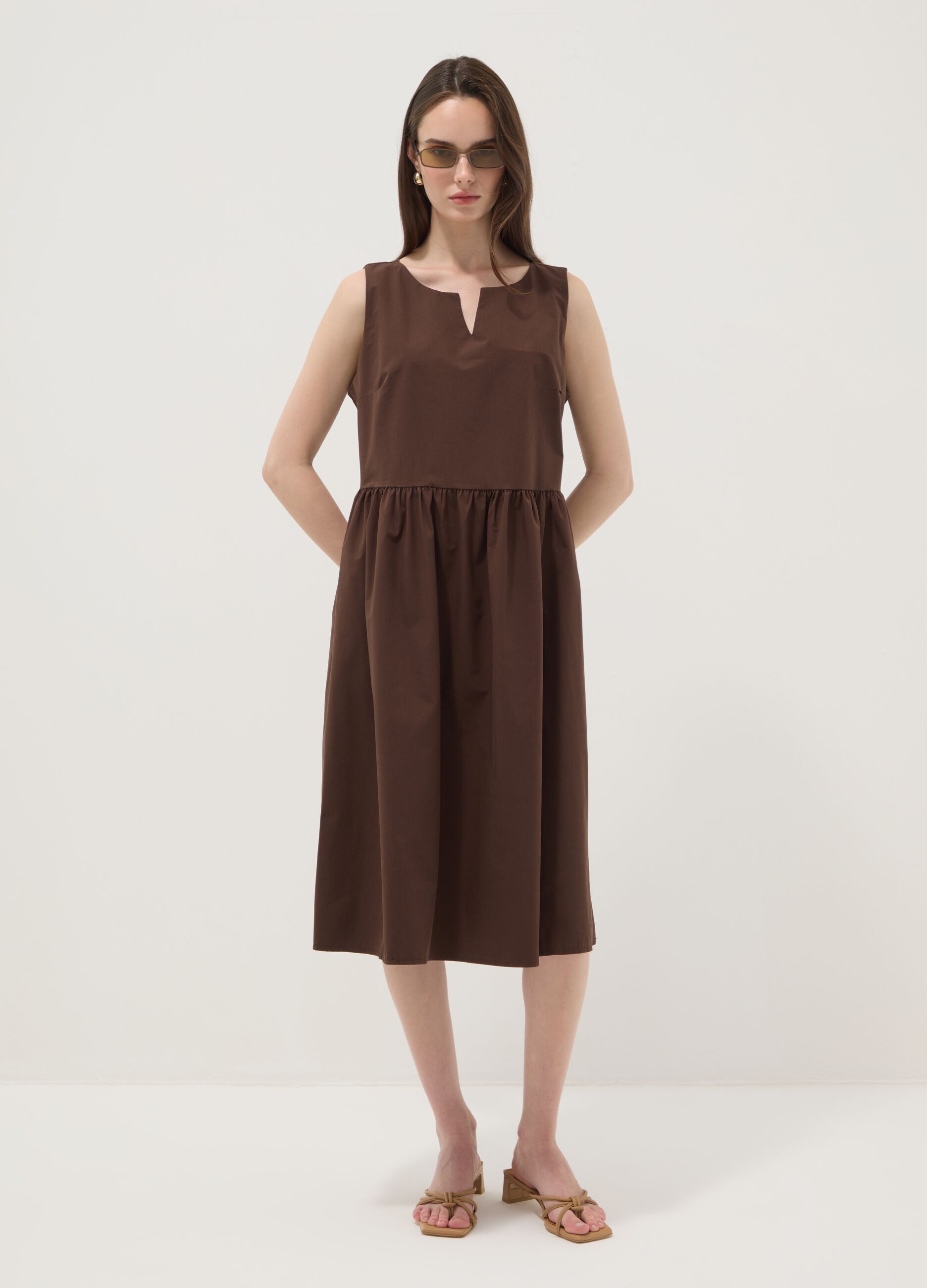 Brown pure cotton midi dress, oversized fit