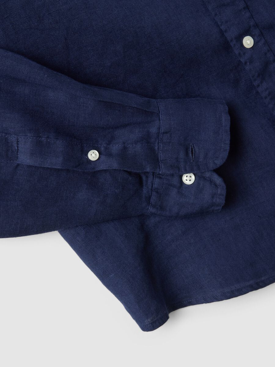 Regular Fit Long-Sleeve Pure Linen Blue Shirt_5