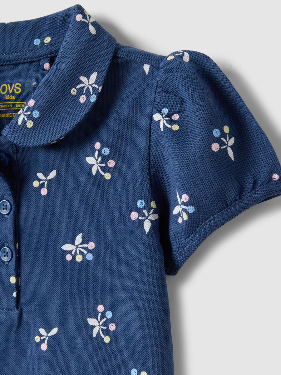 Girls' Regular Fit Blue Pure Cotton Polo with Floral Pattern_3