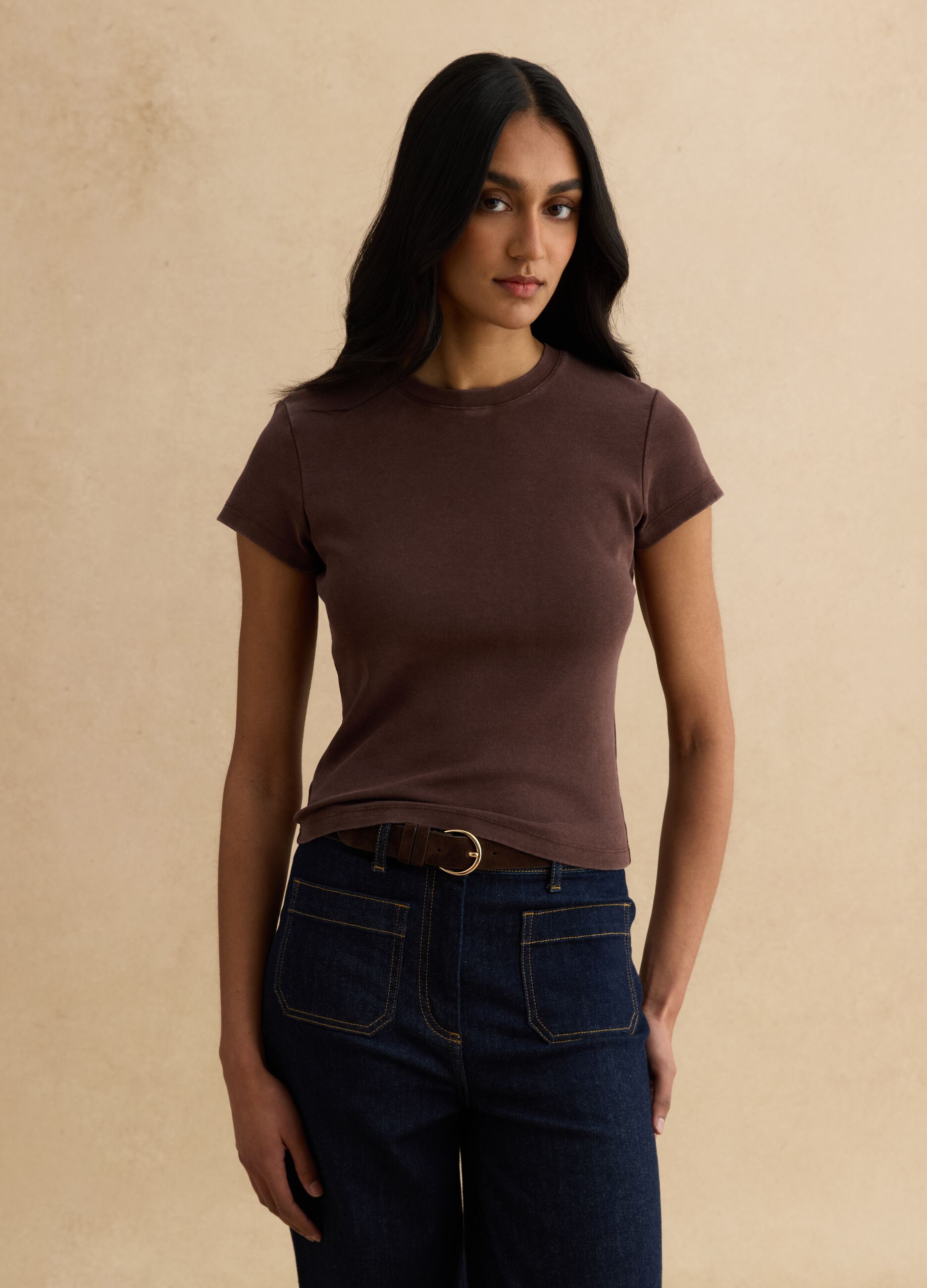 Brown fitted stretch cotton T-shirt