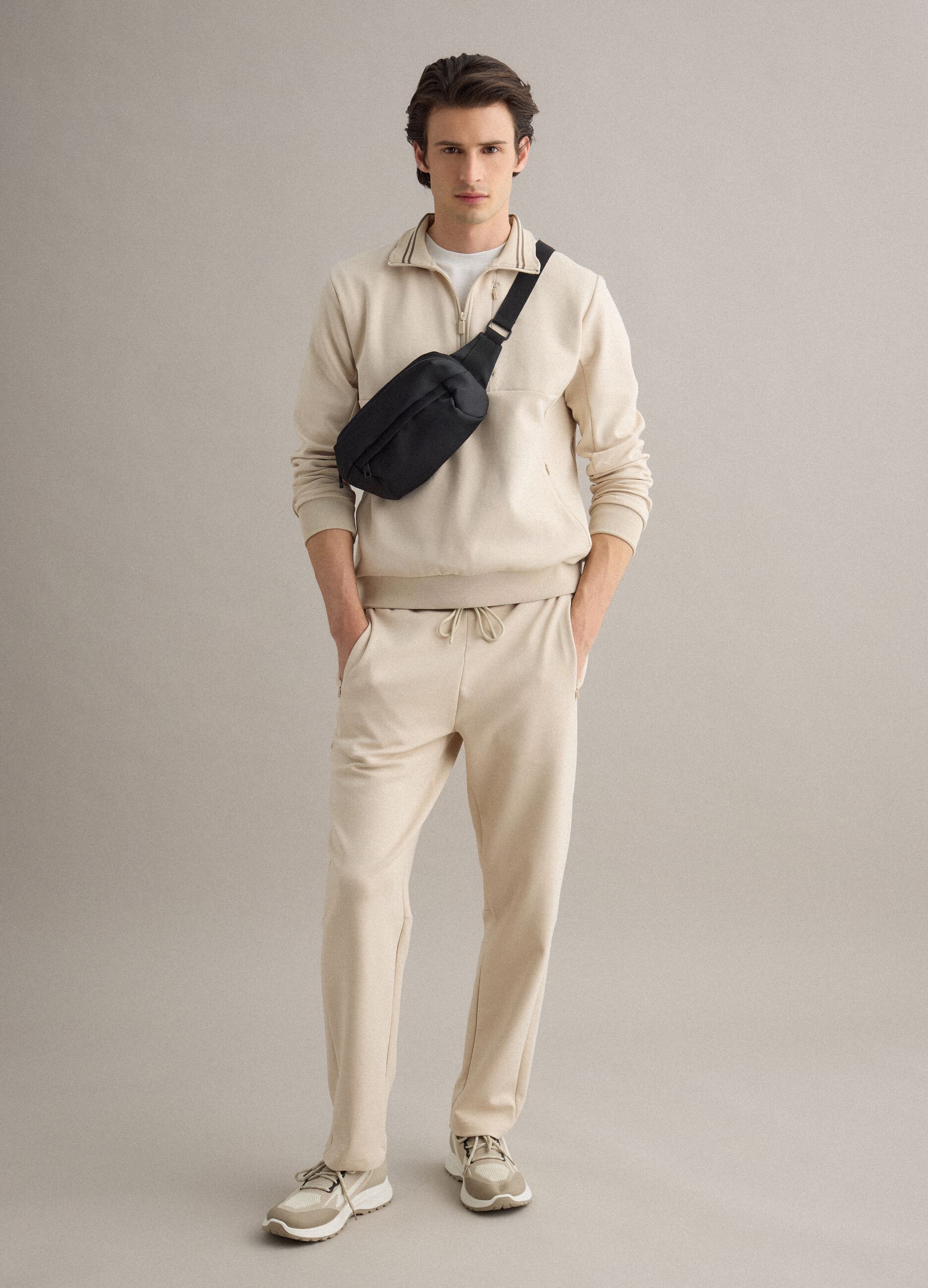 Beige regular fit stretch cotton blend sweatshirt with half zip