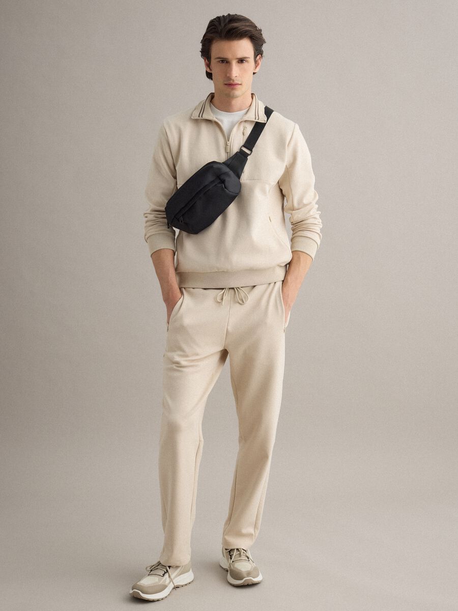 Beige regular fit stretch cotton blend sweatshirt with half zip_1