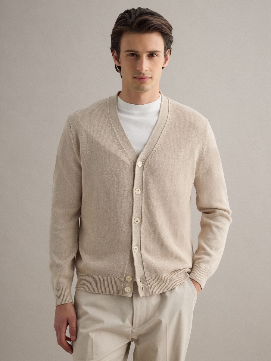 Beige deep V regular fit cotton and linen blend cardigan_1