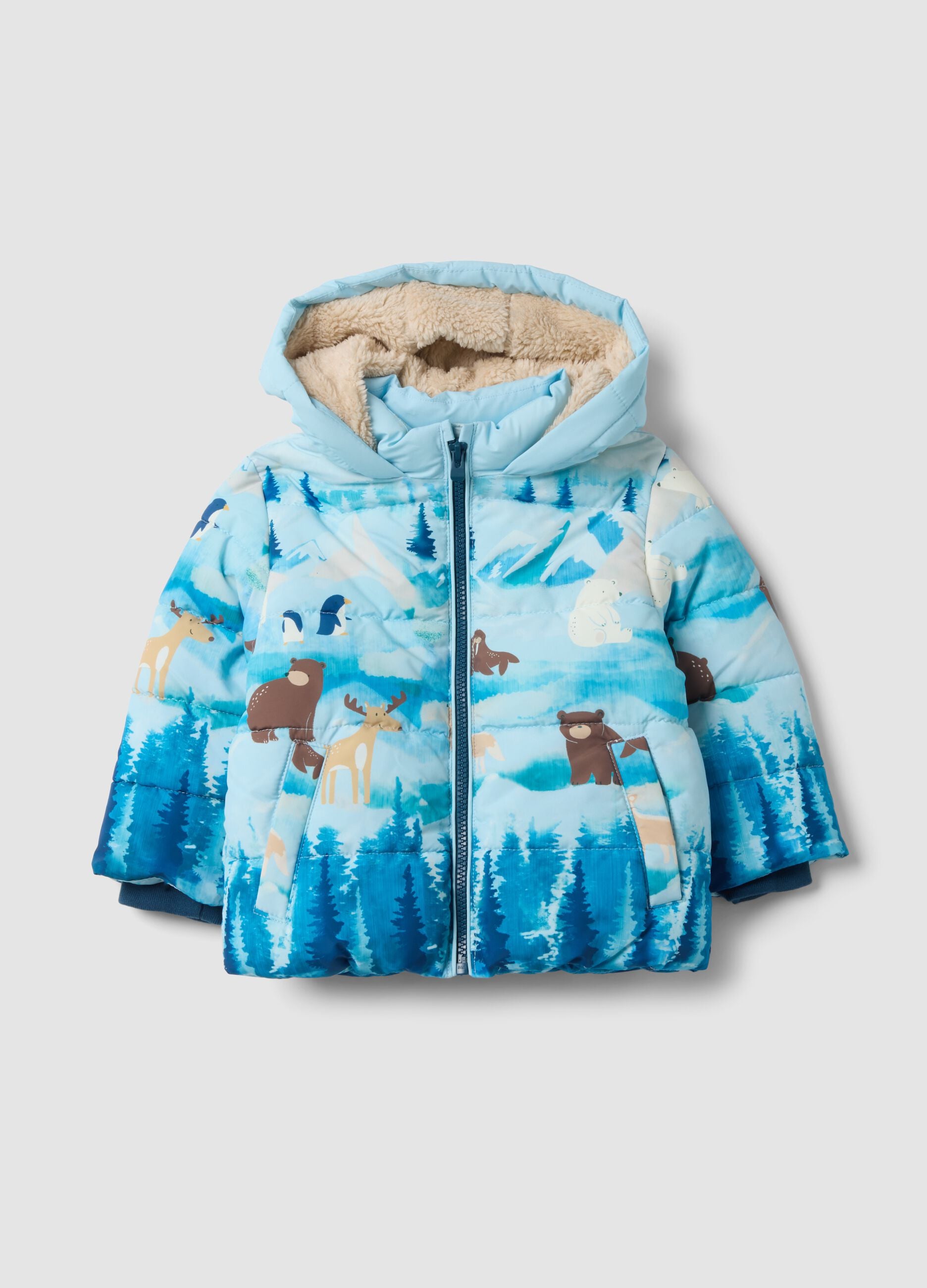 Blaue wattierte Jacke mit Kapuze und Tierprint, Regular Fit
