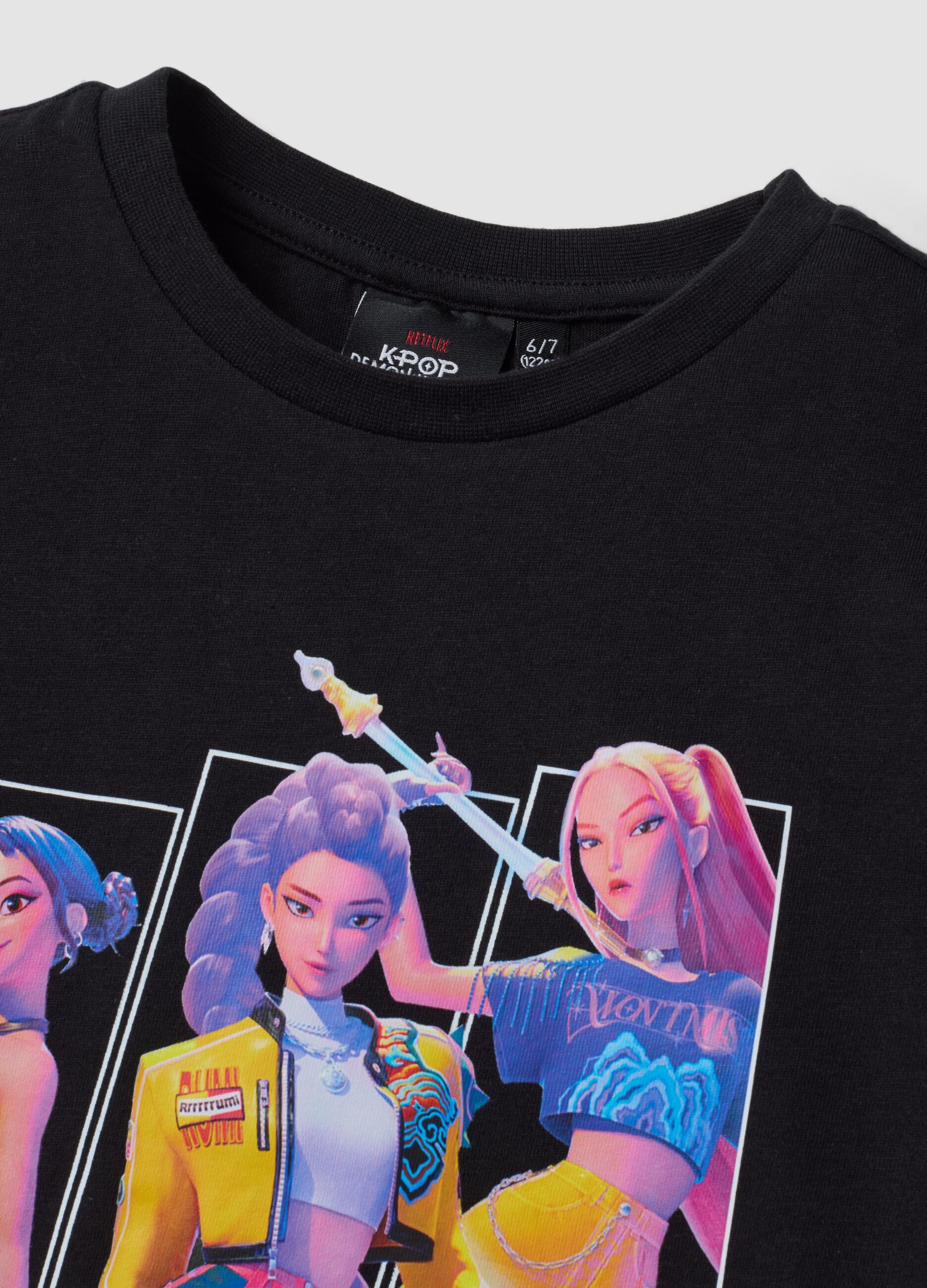 Schwarzes T-Shirt aus reiner Baumwolle mit K-Pop Demon Hunters Print f&uuml;r M&auml;dchen