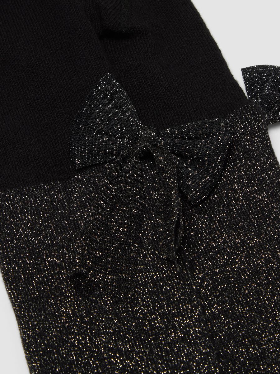 Collant nero in cotone organico elasticizzato con fiocco e brillantini_2