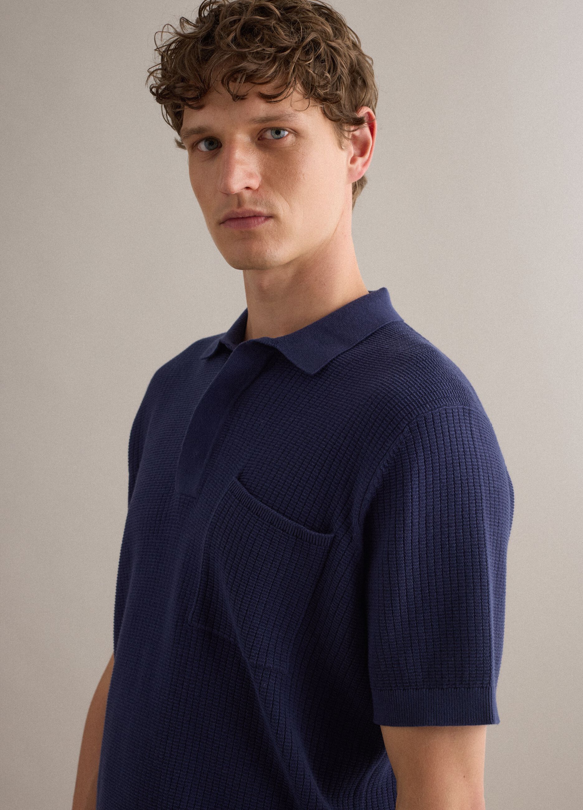 Blue pure cotton polo shirt with chest pocket, regular fit