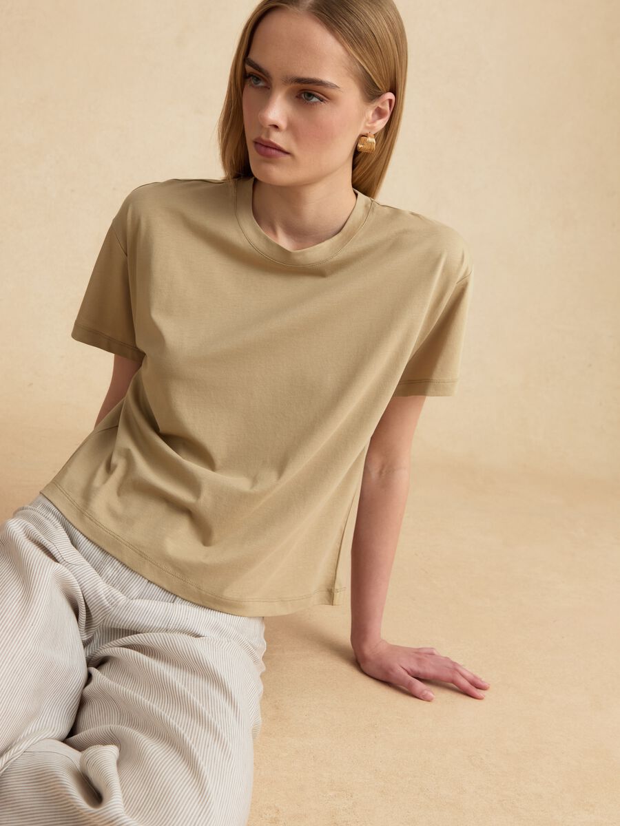 Beige lyocell and cotton-blend T-shirt_0