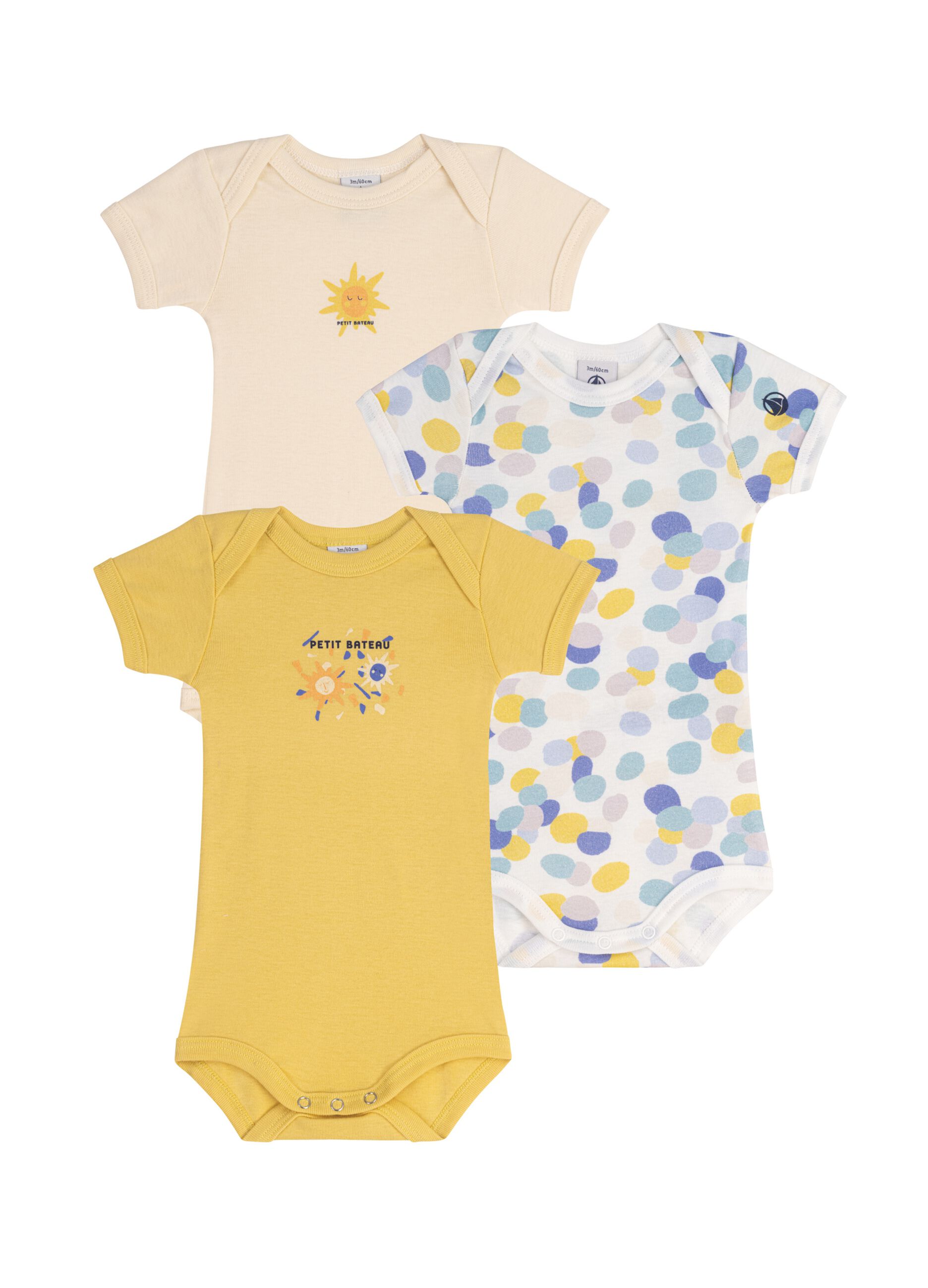 Three-pack bodysuits with short sleeves and sun print