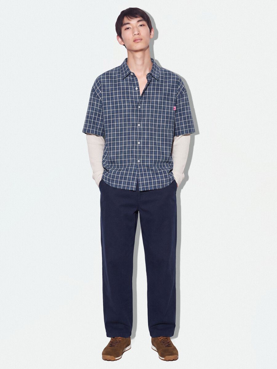 Blue cropped pure cotton checked shirt with layered double sleeves, oversized fit_1
