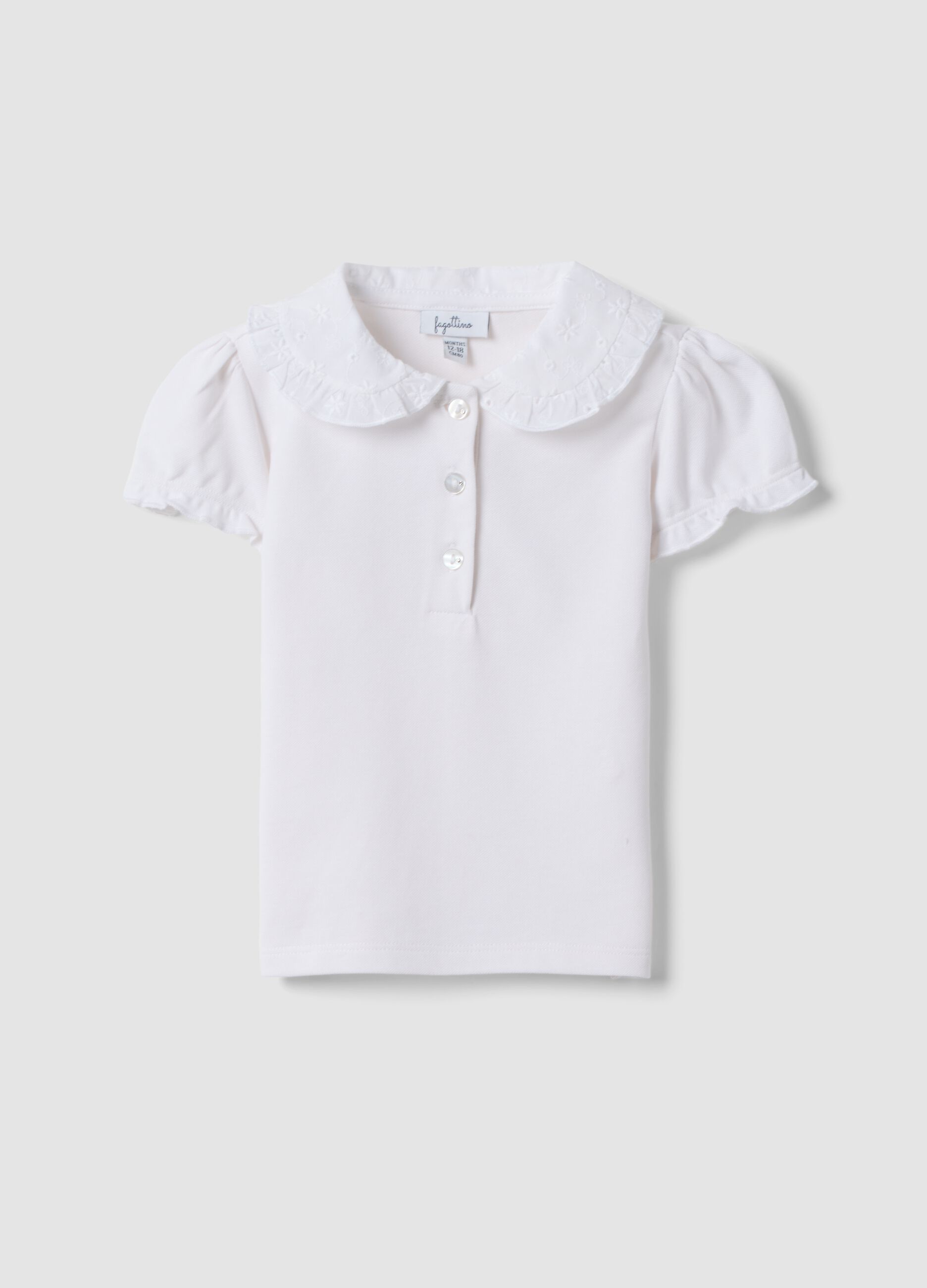 White short-sleeve stretch-cotton polo with ruffled collar