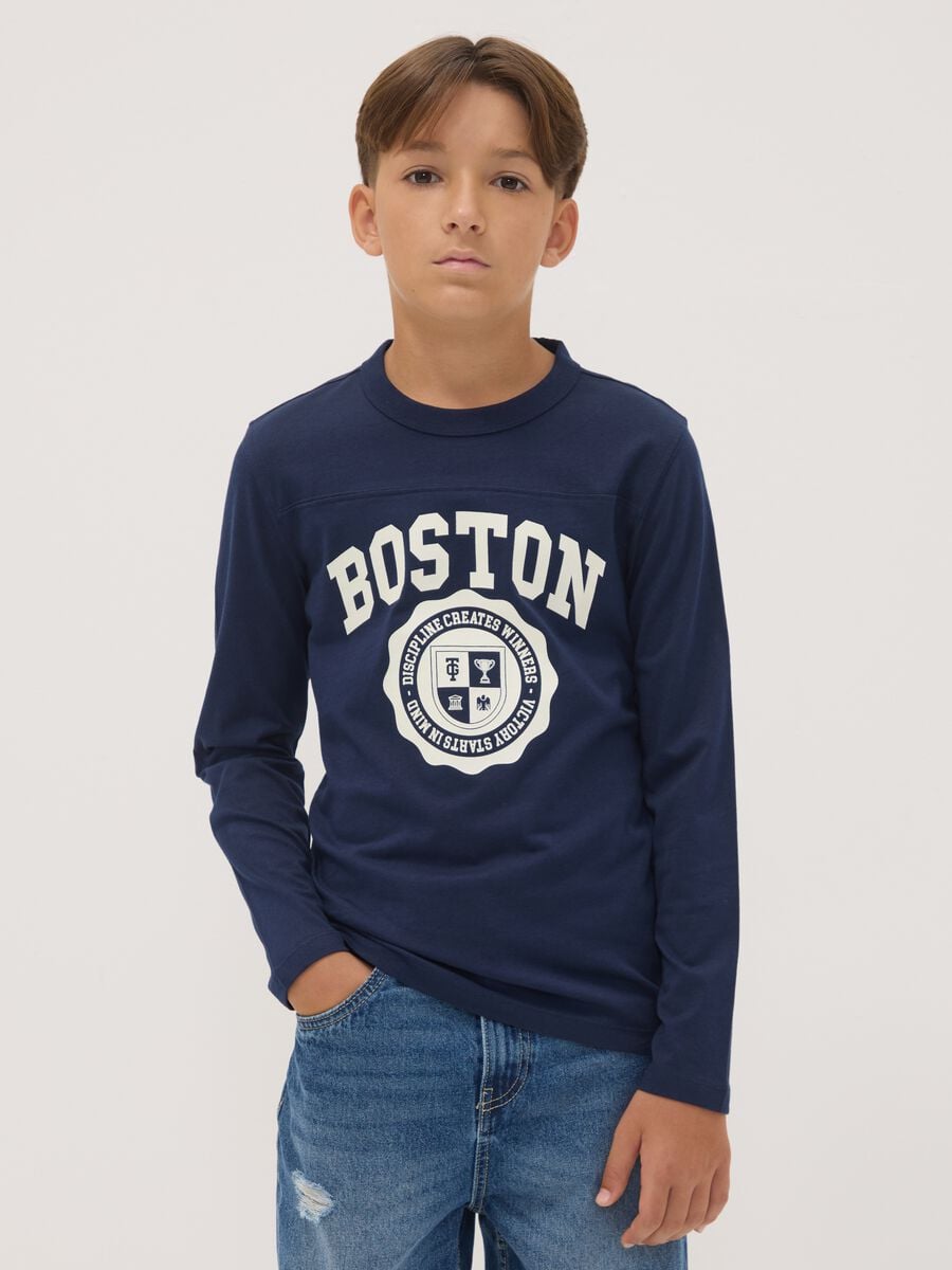 Blue organic cotton T-shirt with college print_0