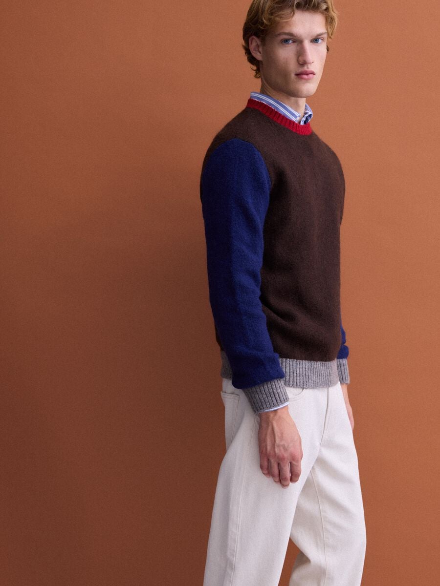 Men&rsquo;s brown crew-neck jumper in stretch wool and alpaca, regular fit_2