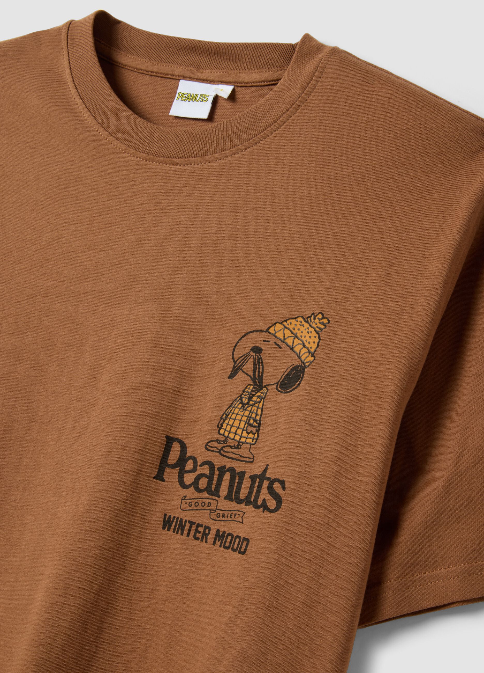 Brown pure cotton Peanuts print T-shirt, relaxed fit