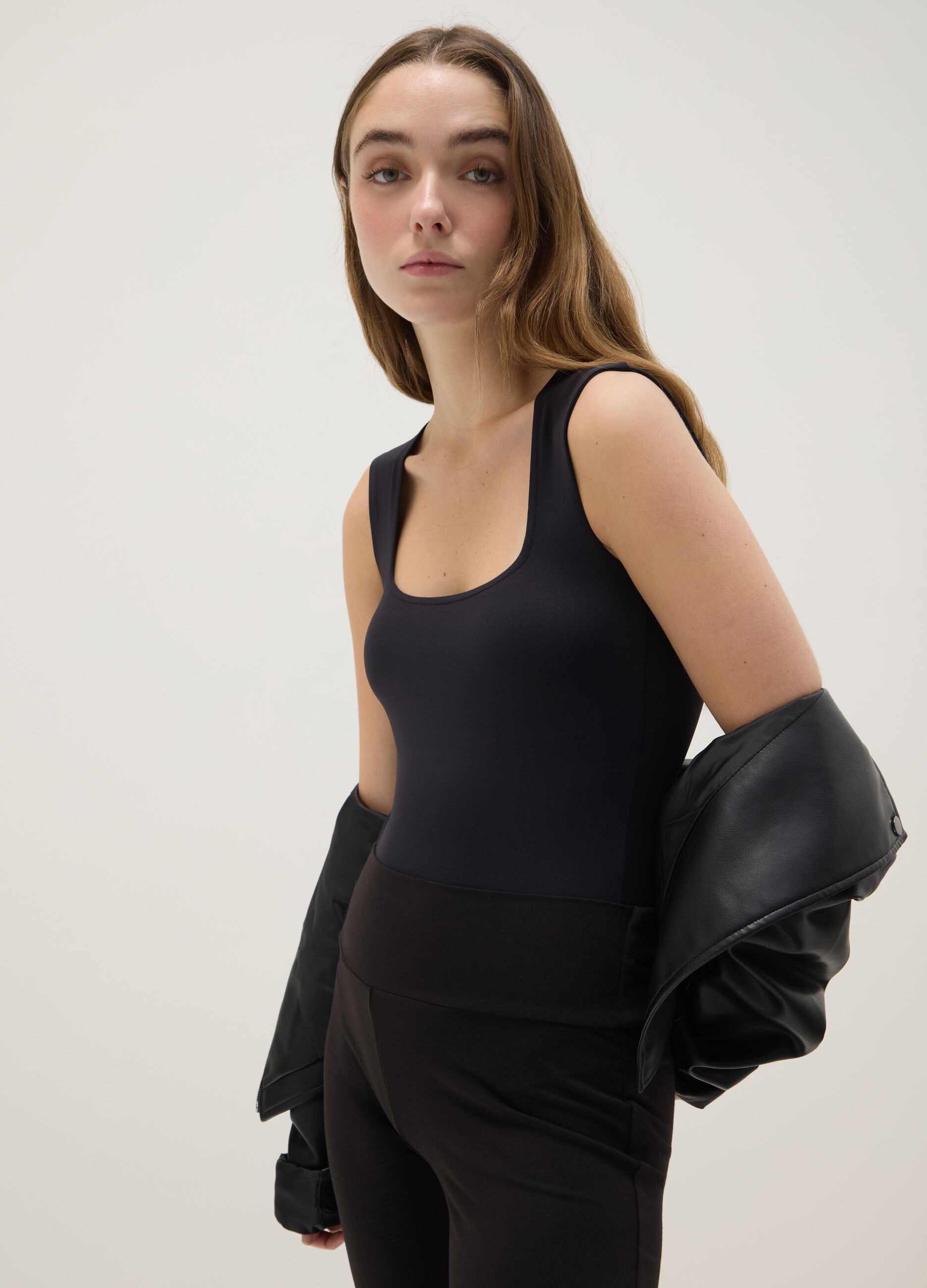 Black Slim Fit Bodysuit with Square Neckline